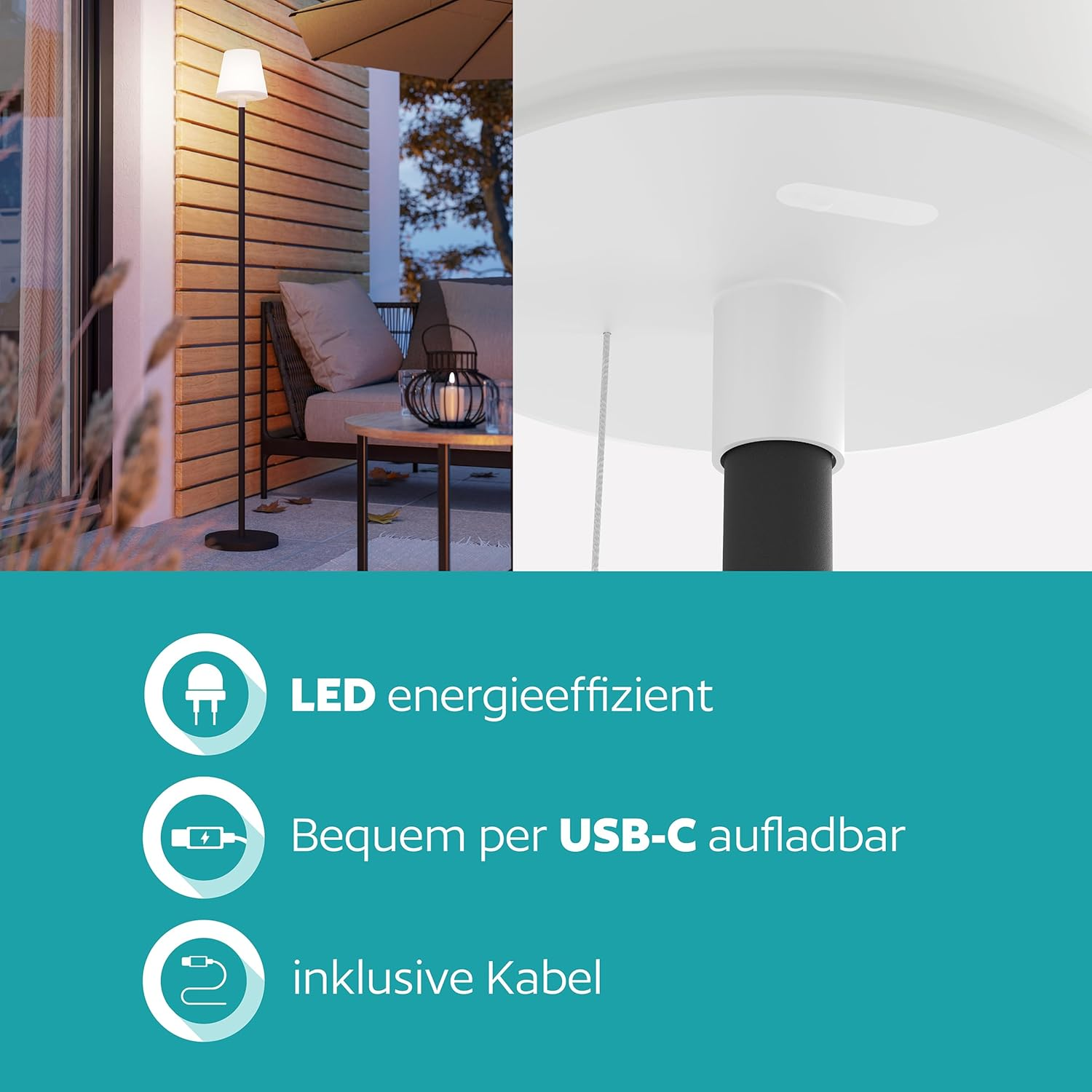 EGLO Montapalma-L Solar Floor Lamp, Wireless Battery Floor Lamp with Pull Switch, Lamp Living Room Dimmable Steel in Black, Plastic, White, Warm White, RGB, IP54 image number 6