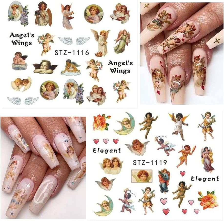 8 Sheets Angel Nail Art Stickers Cupid Nail Decals Water Transfer Design Angel Eros Designer Nail Stickers for Women Girls Cute Nail Decoration DIY Manicure Tips image number 6