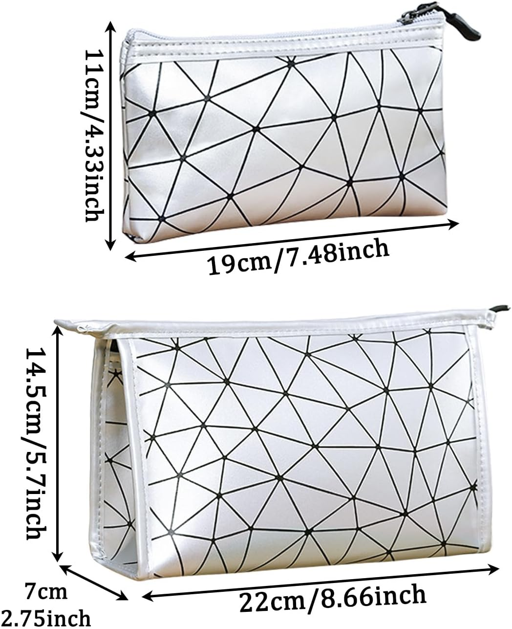 BSITSSS 2 PCS Makeup Bag, Sliver Geometric Cosmetics Bag, Small and Large Make up Bags with Zippers Toiletry Bags Pouches for Women Girls Traveling Makup Beauty image number 5