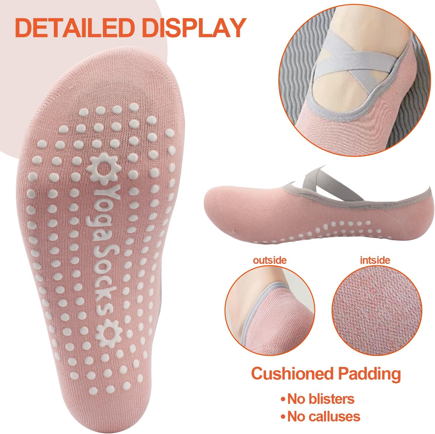 4 Pairs Yoga Pilates Socks with Adjustable Straps,H HOME-MART Non-Slip Grip Socks for Women'S Secure Comfortable Fitness Workouts image number 2