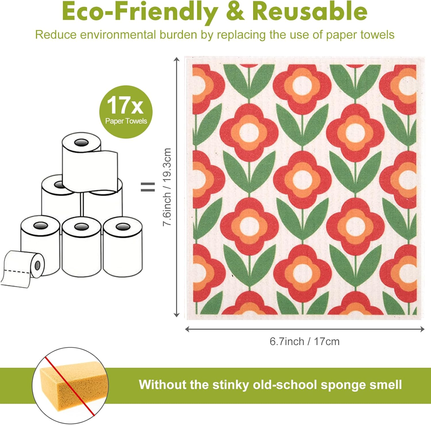 Three Oaks Set of 6 Kitchen Art Deco Scandi Nordic Mid Century Retro Flower Swedish Dishcloths Cleaning Cloths Strong Absorbent Quick Drying Dish Towels Reusable Cloths for Counter Wipes