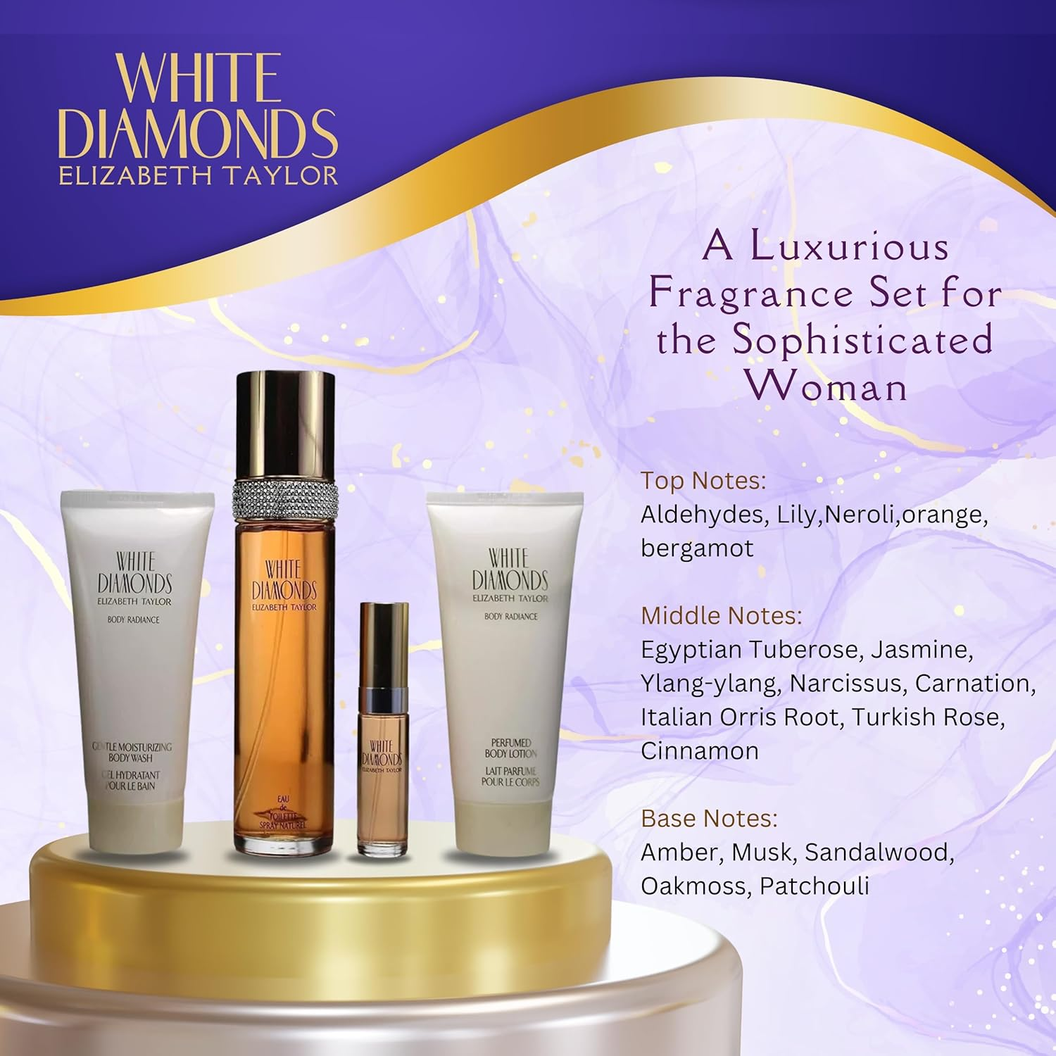 Elizabeth Taylor White Diamonds 4 Pc. Gift Set (Eau De Toilette Spray 3.3 Oz & 0.33 Oz + Perfumed Body Lotion 3.3 Oz + Gentle Moisturizing Body Wash 3.3 Oz) for Women by Elizabeth Taylor, 98 Ml image number 3