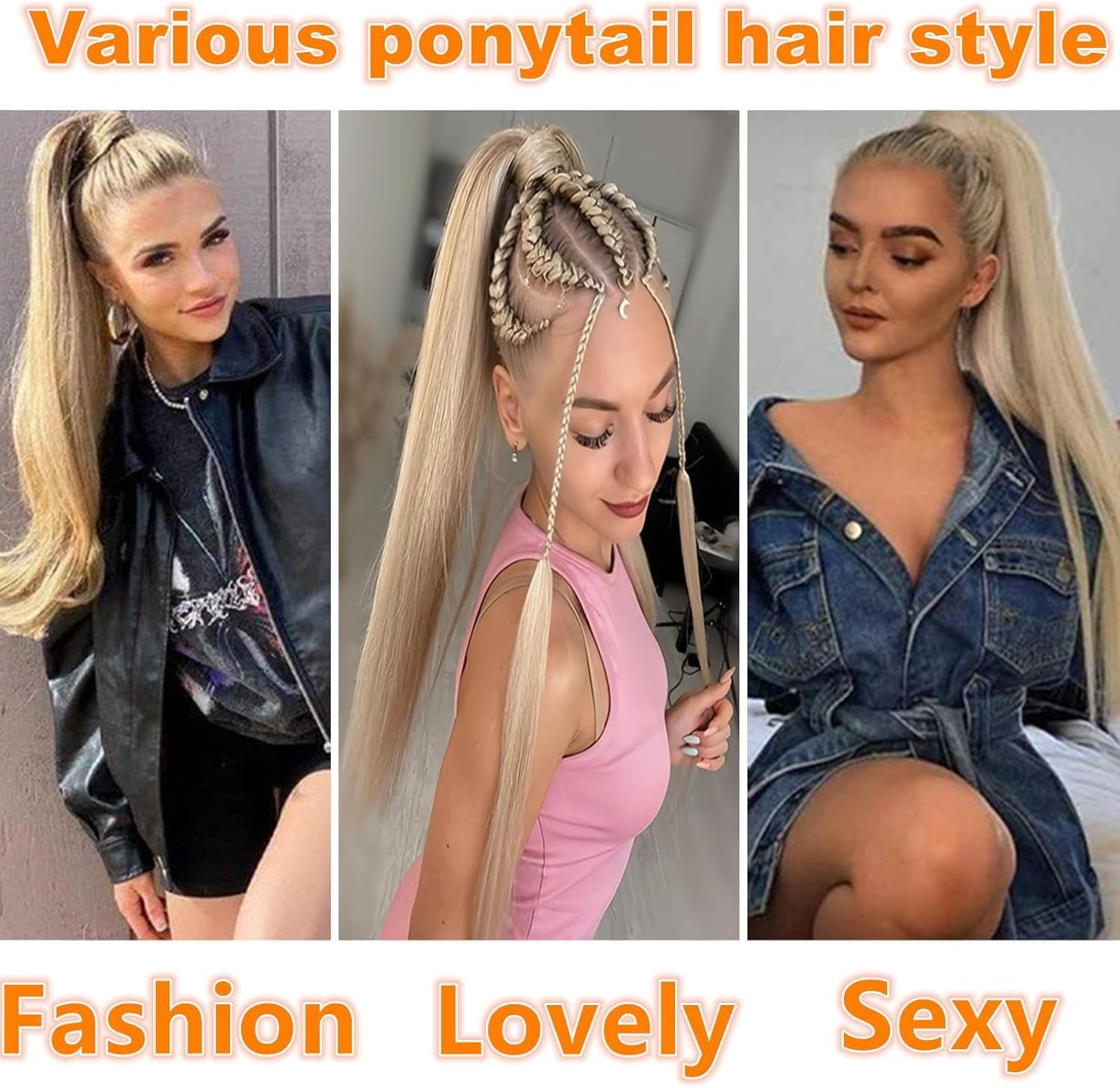 Ash Blonde Ponytail Extension 60Cm Long Straight Wrap around Clip in Synthetic Fiber Hair Ponytail Hair Extensions Hairpiece for Women Girls Daily Wear,120G image number 1