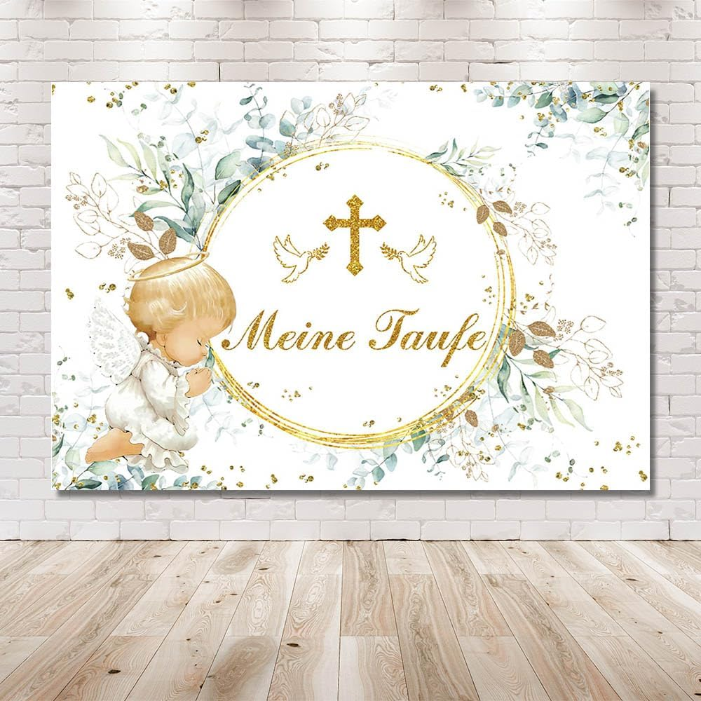 MEHOFOND 2.1 X 1.5 M My Christening Background Baby Angel Eucalyptus Leaves Flowers Background Boys Girls Newborn Baby Shower First Communion Christening Party Banner Photo Props image number 5