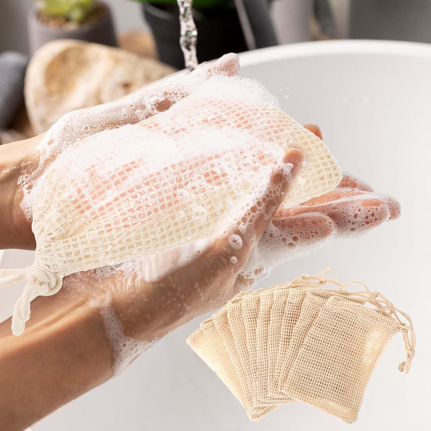 COMNICO 10 PCS Soap Bags Natural Sisal Soap Saver for Foaming and Drying Bubble Mesh Soap Scrubber Pouch Handmade Cotton Bag with Drawstring Body Facial Cleaning Bath Shower Tool image number 5