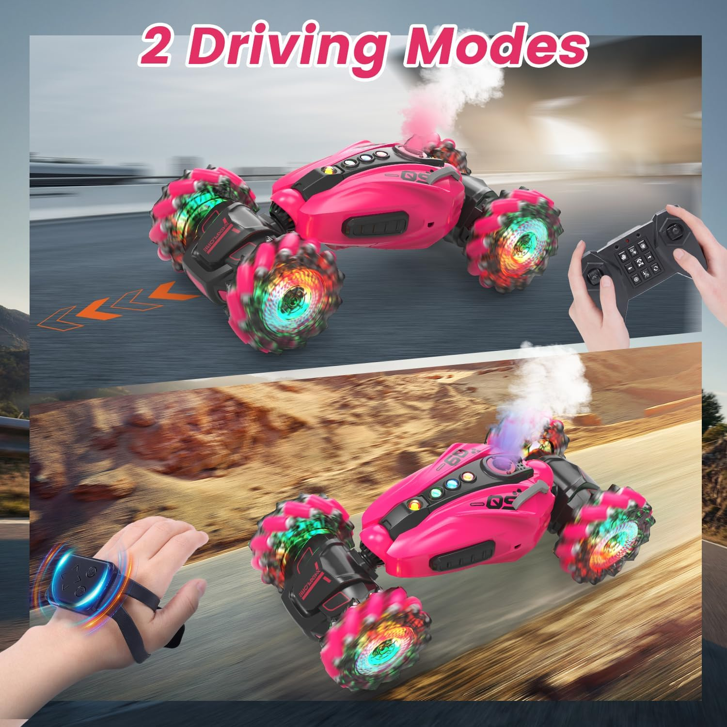 Eaglestone 1:12 RC Stunt Car, 2.4Ghz 4WD Remote Control Car with 360&deg; Flips & Rotations, Sensor Toy Cars with LED Lights, All-Terrain RC Car for Kids and Adults, Boys and Girls(Pink image number 5