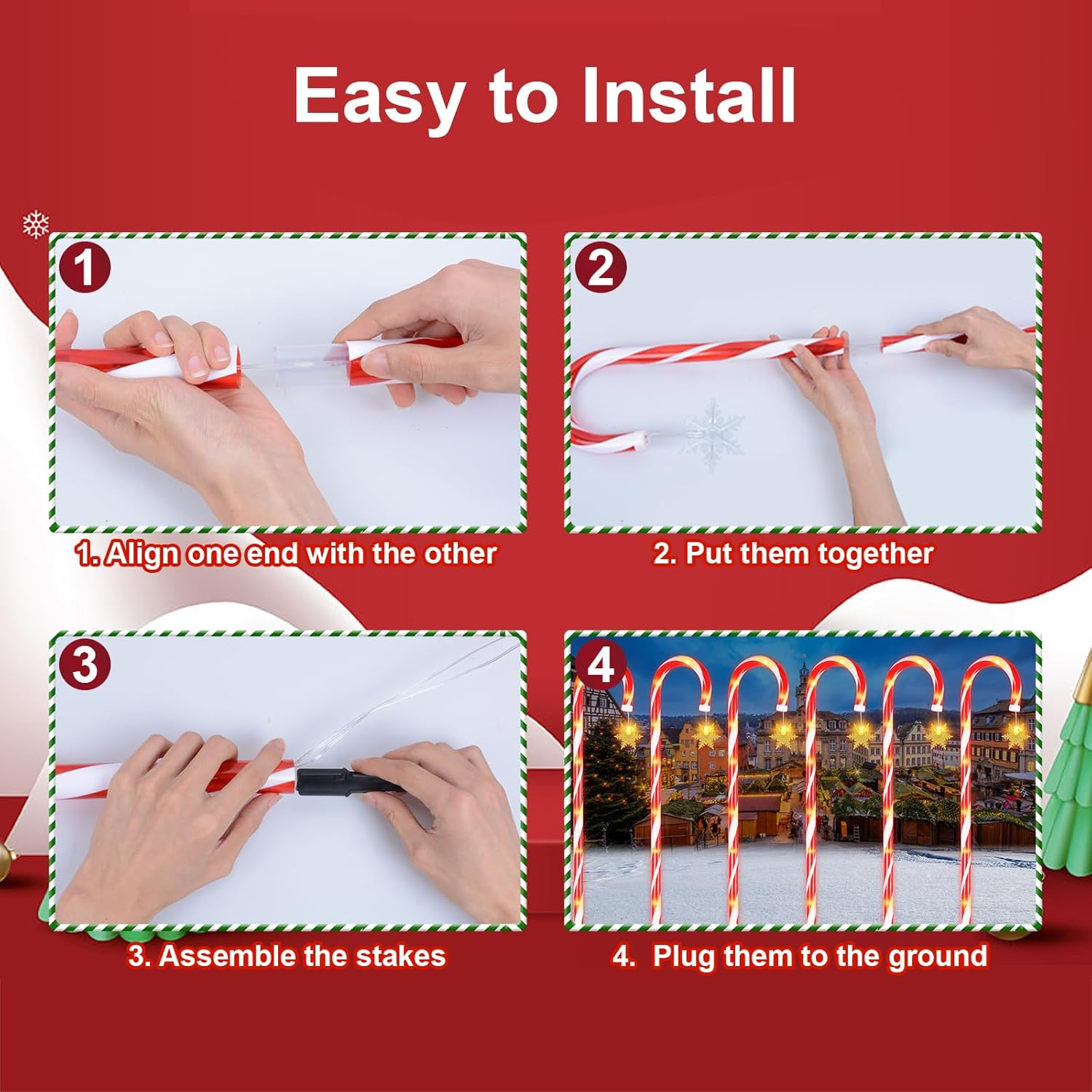 Ninonly 6 Pack Solar Christmas Candy Cane Lights, 1.2M Solar Christmas Garden Lights Outdoor, 8 Modes Waterproof Xmas Pathway Light USB Charging for Yard Patio Decorations image number 2