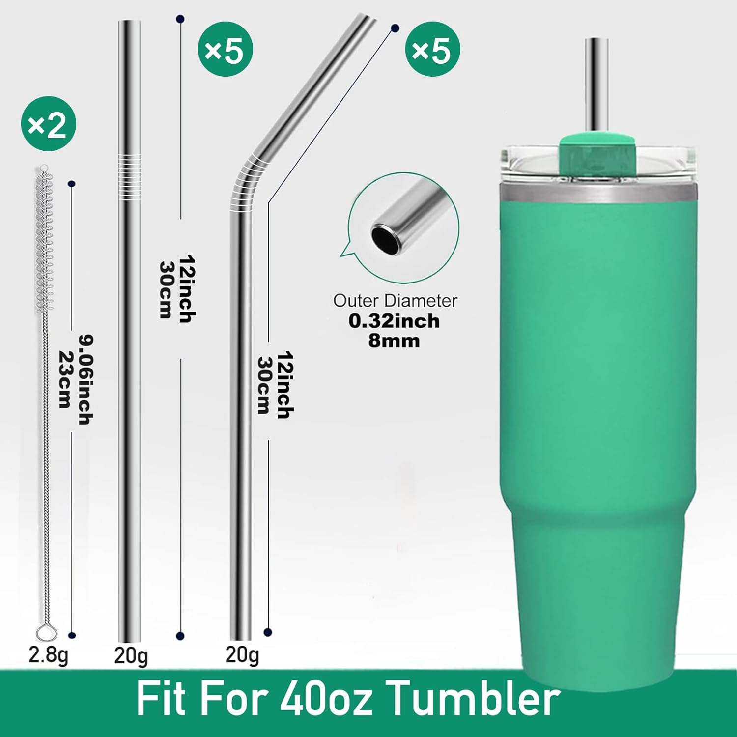 12 Pack 12 Inch Reusable Stainless Steel Straws for 40Oz Tumbler with Cleaning Brush, 5 Straight and 5 Bent Portable Long Drinking Metal Stainless Steel Straws for Travel image number 1