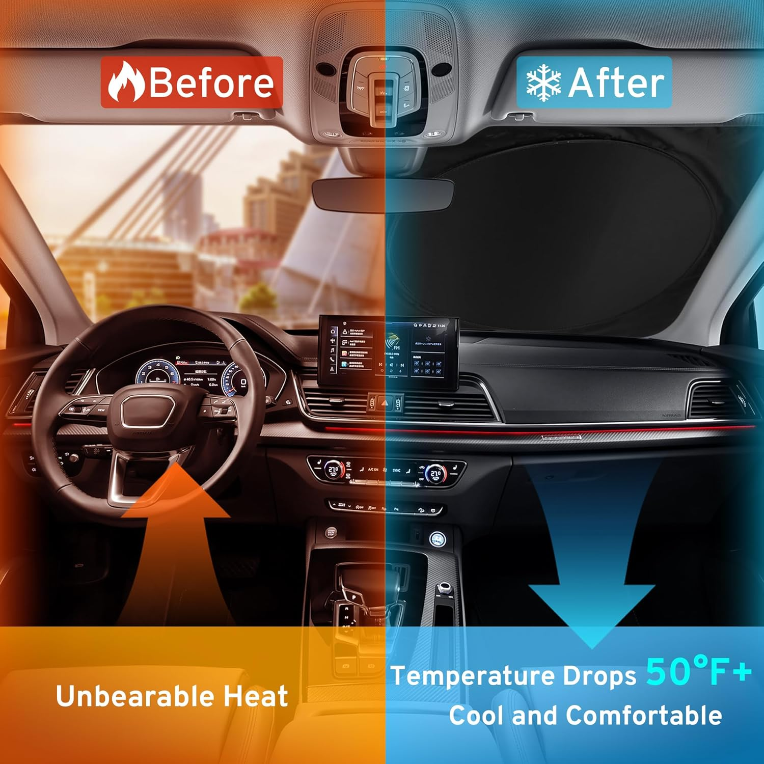 XHRING Windshield Sun Shade for Audi A4 A5 A6 A7 A8 Q3 Q5 Q7 Q8 S6 S7 S8 Accessories, Car Front Window Sunshade Sun Visor Shield for Audi RS5 RS7 2013-2024 Sun Protection image number 5