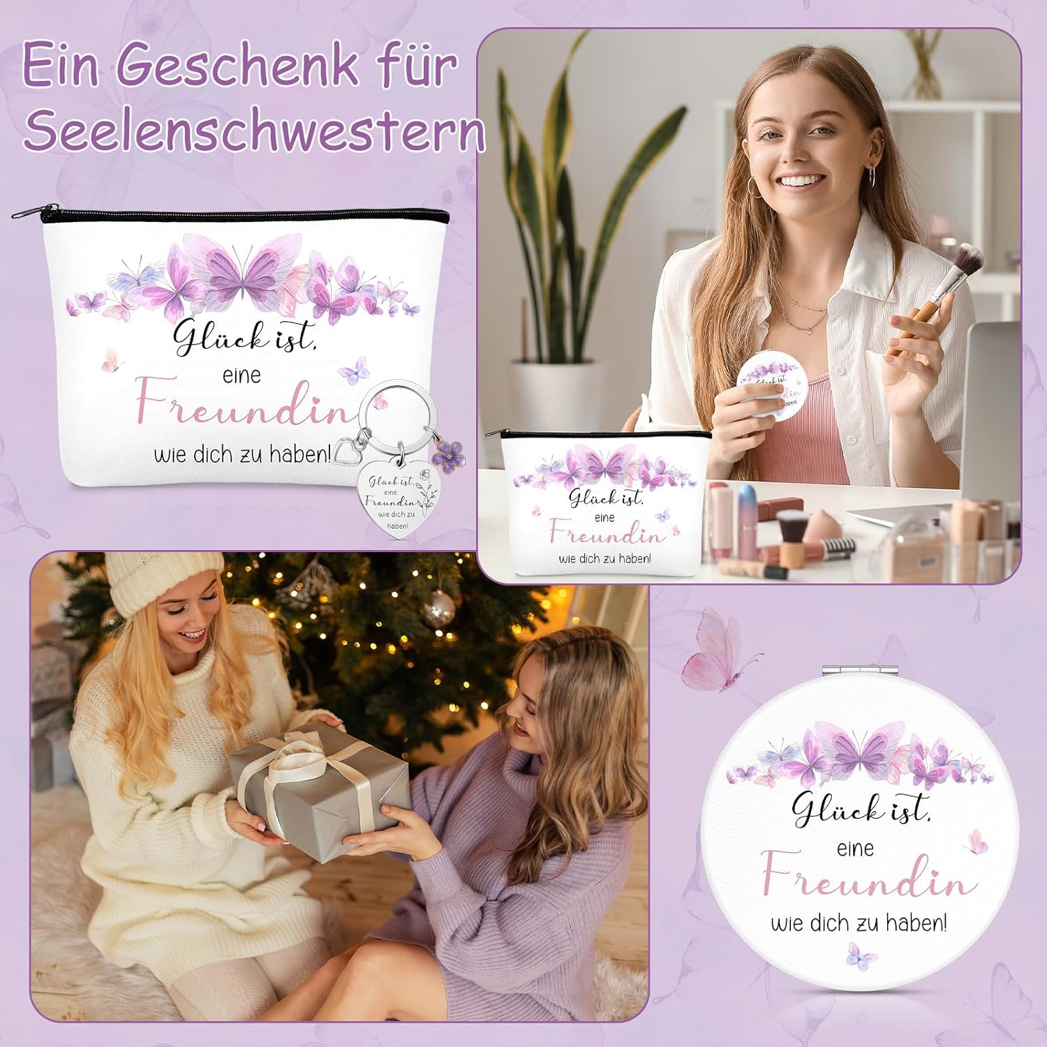 Xuniea Girlfriend Gift Set with Cosmetic Bag, Magnifying Mirror & Keyring - Gl&uuml;ck Ist, Freundin Wie Dich Zu Haben! | Gift for Birthday, Christmas & Special Occasions