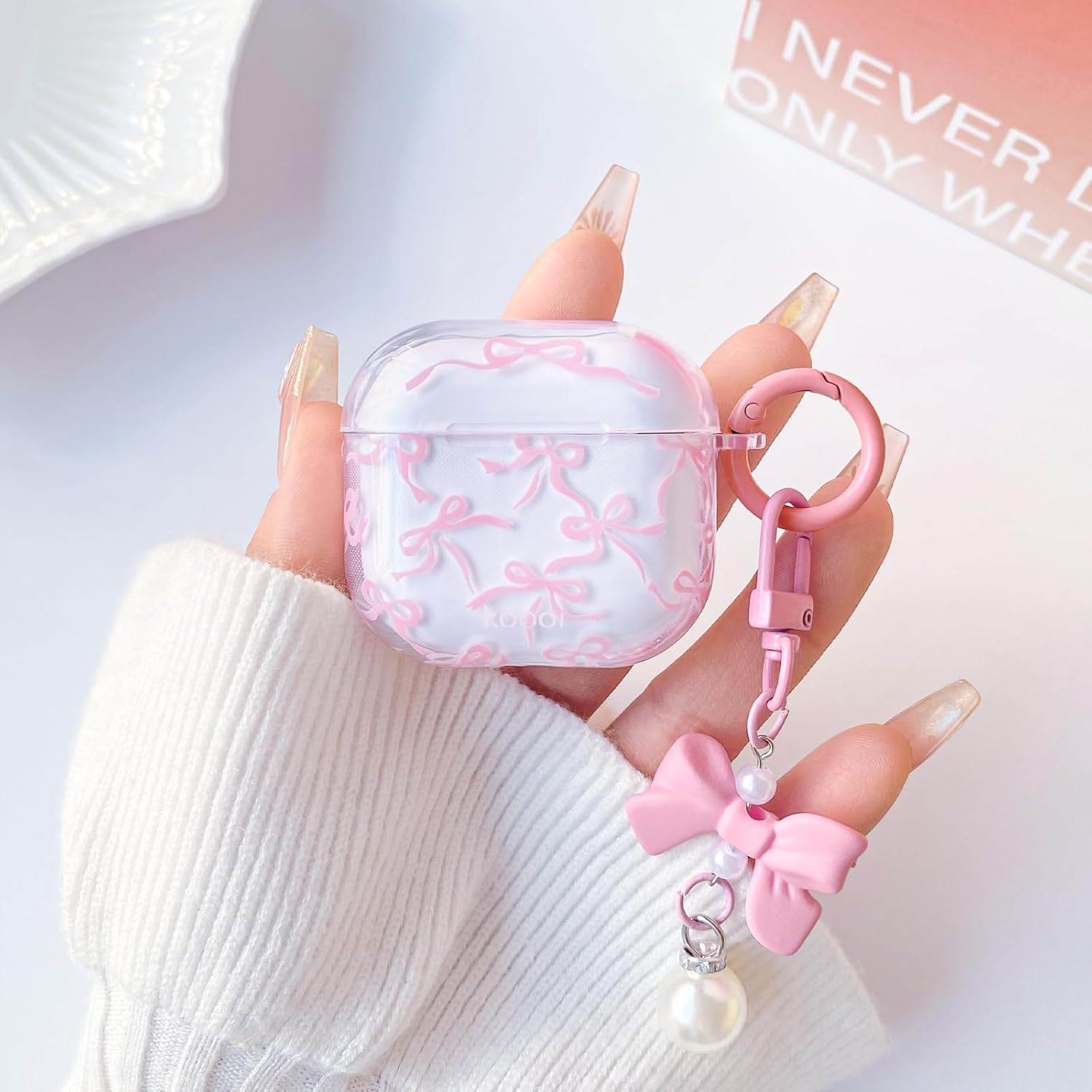 Lovmooful Compatible for Airpods 4Th Case Cute Clear Ribbon Bowknot with Lovely Pearl Chain Design for Women Girls Soft TPU Shockproof Protective Cover Case for Airpods 4 - (Pink) image number 5