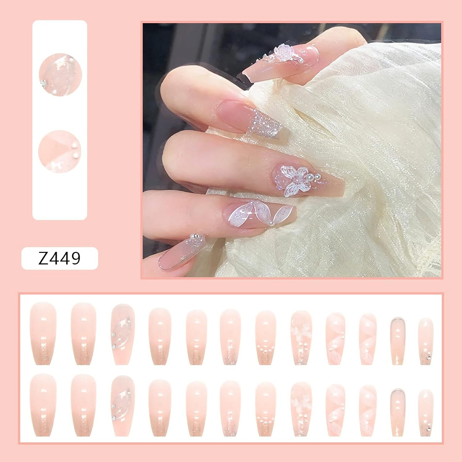 Long Press on Nails Glitter Acrylic Nails with Butterfly Design Coffin Fake Nails Nude Nails image number 3