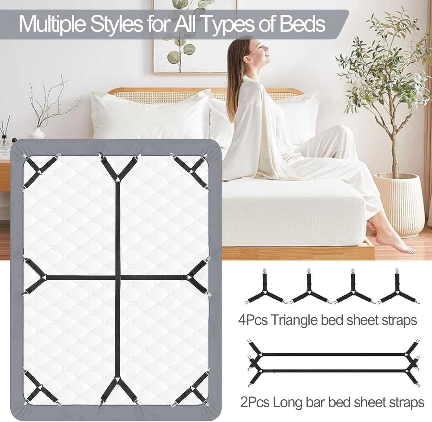 Elastic Crisscross Fitted Sheet Straps with Triangle Clips, 6 Piece Bedsheet Fastener Suspenders and Grippers, Crisscross Fitted Sheet Clips Holder Elastic Bands Bedsheet Fasten Suspenders Grippers image number 4