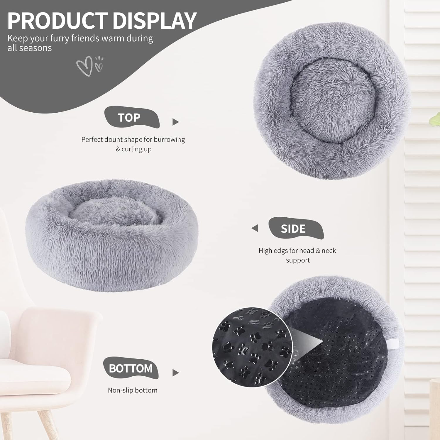 Calming Dog Bed, Cat Bed Pet Bed Pet Mat round Fluffy Soft Non-Slip Pet Bed for Indoor Machine Washable Donut Self Warming Calming Pet Nest for Small Dogs Kittens,Dog Nest (D60Cm, Light Grey)