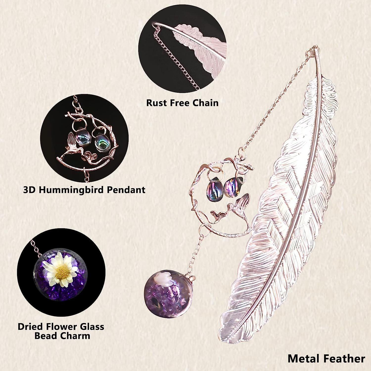 SAYEEC Metal Feather Bookmark Rose Gold Bookmarks with 3D Hummingbird Pendant Unique Book Marks Page Marker Teacher Appreciation Mother'S Day Valentine'S Day Birthday Gifts for Women Girls Book Lovers image number 3