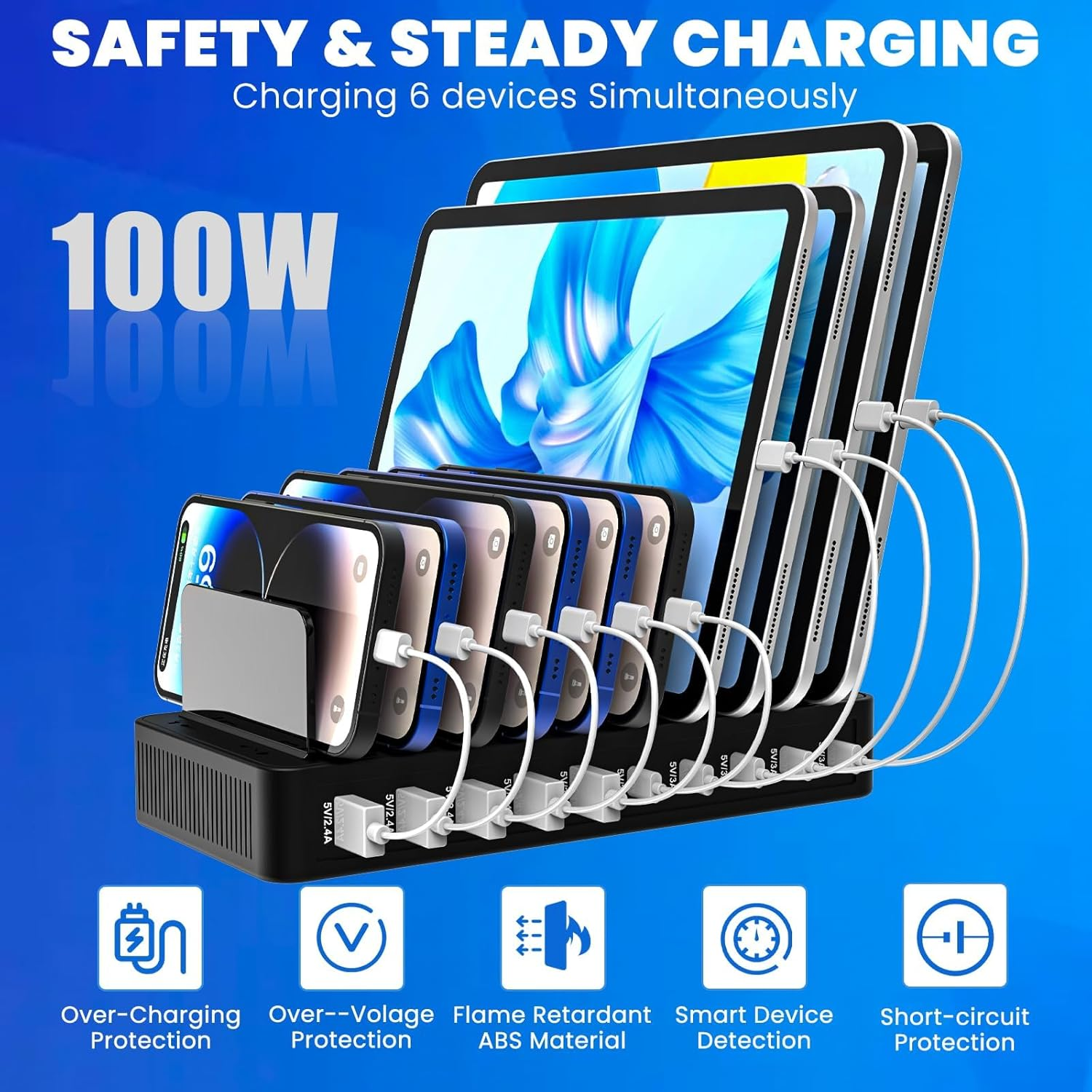 100W USB C Charging Station for Multiple Devices - 10 Ports USB Charger Hub with Smart IC Tech, Flat Plug, Adjustable Dividers, Compatible with Iphone, Ipad, Galaxy, Tablet image number 4
