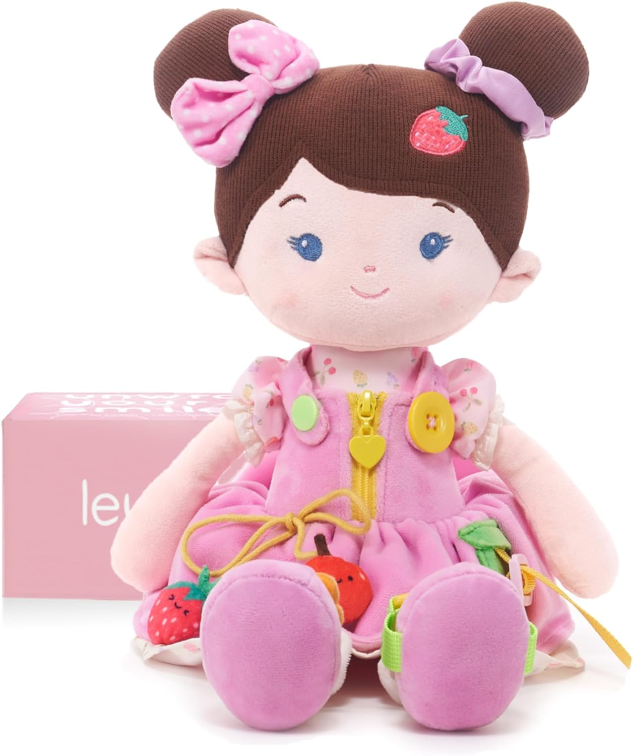 Leyadoll Educational Soft Baby Doll(16''), Learning Sensory Doll for Toddlers, Montessori Toys for 2-Year-Old Girls Christmas, Birthday Gifts, Plush Doll with Zipper, Shoelace, Button-Busy Sweetheart