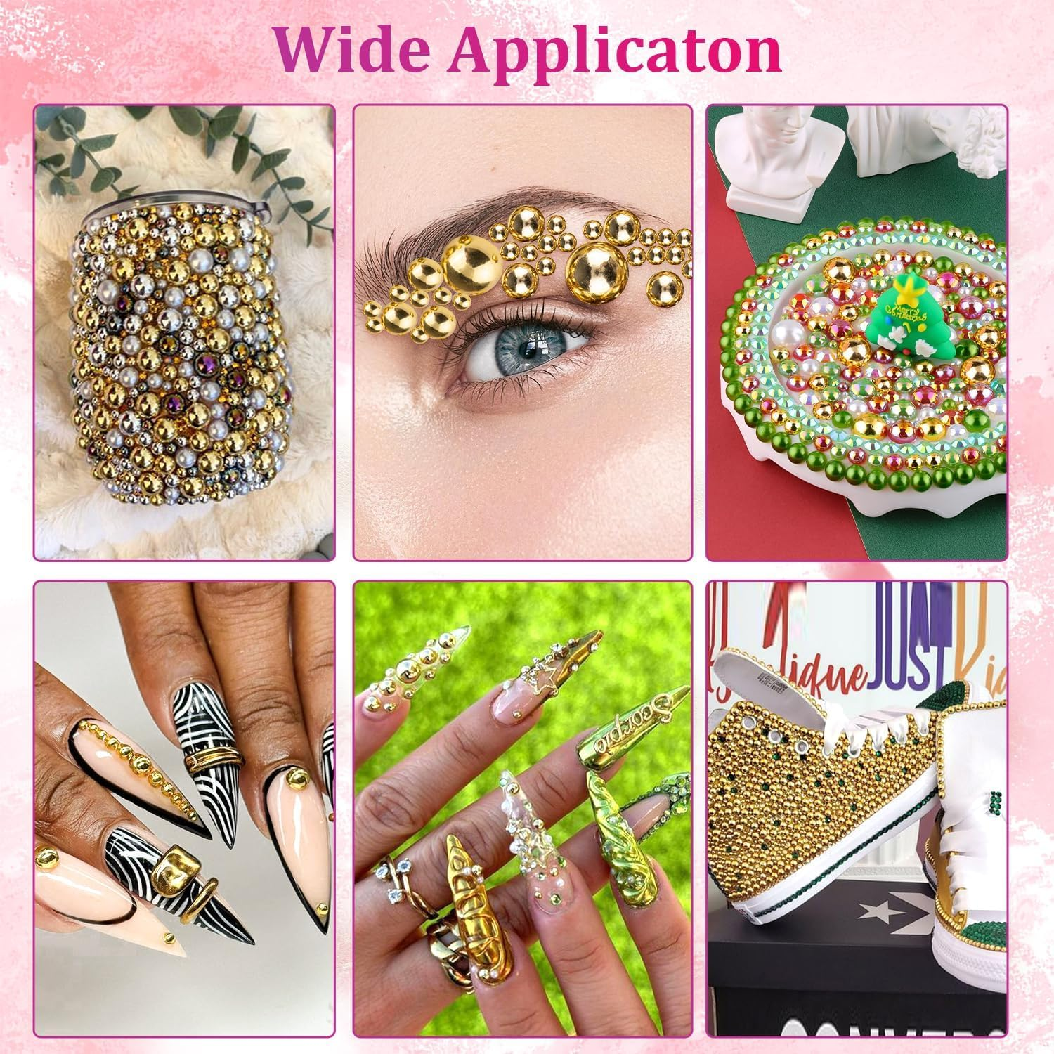 Flat Back Half round Gold Nail Charms and Gems with Multi-Size Pearls for DIY Nail Art Design and Crafting - Geiwogwc