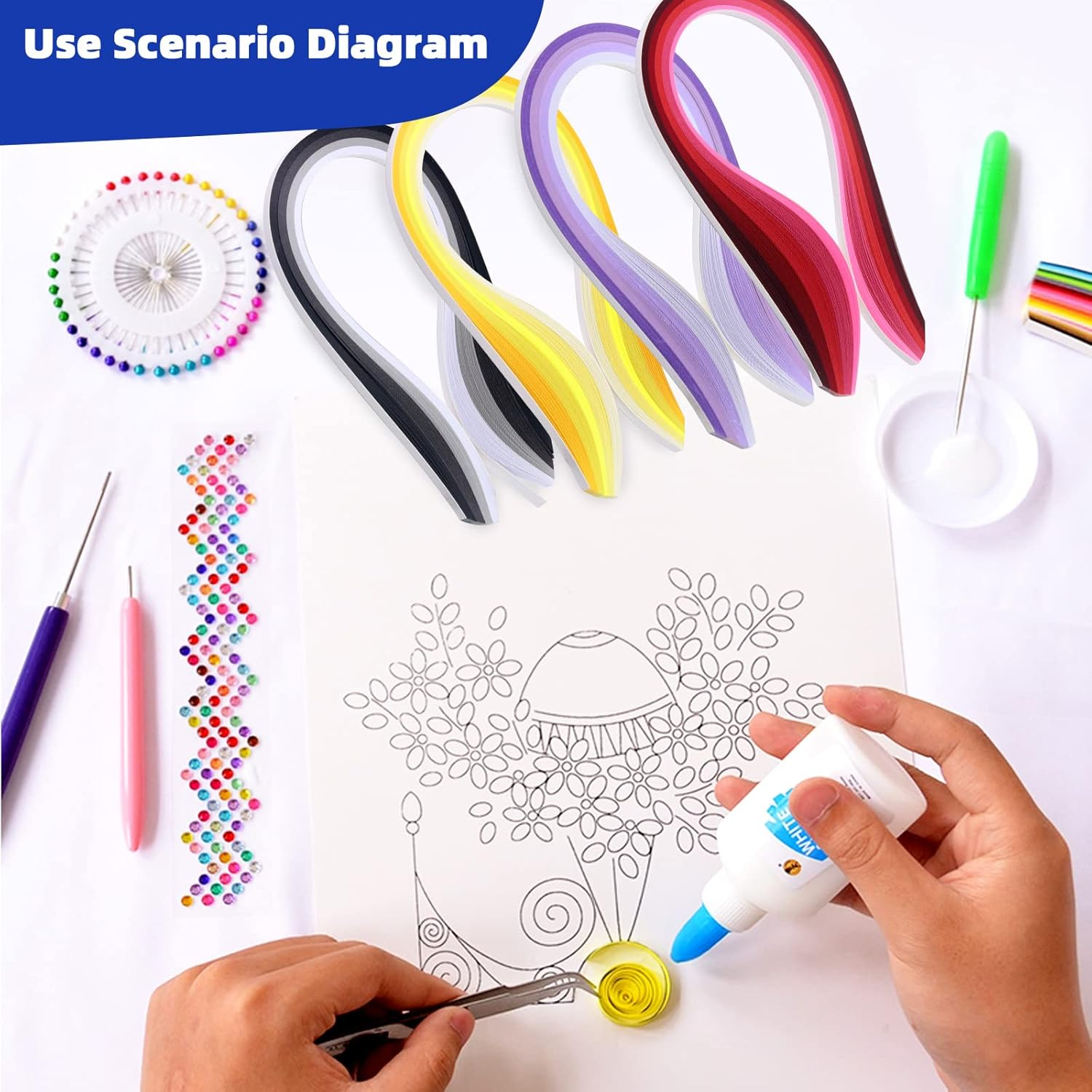 Glarks 916Pcs Paper Quilling Tools Kit, 900Pcs 5Mm 45 Colors Strips with Slotted Pen Curling Coach Tweezers Awl Shaping Tool Pearl Pin Bump Styler Mold Coordinate Setting Flower Pattern Board Set image number 6