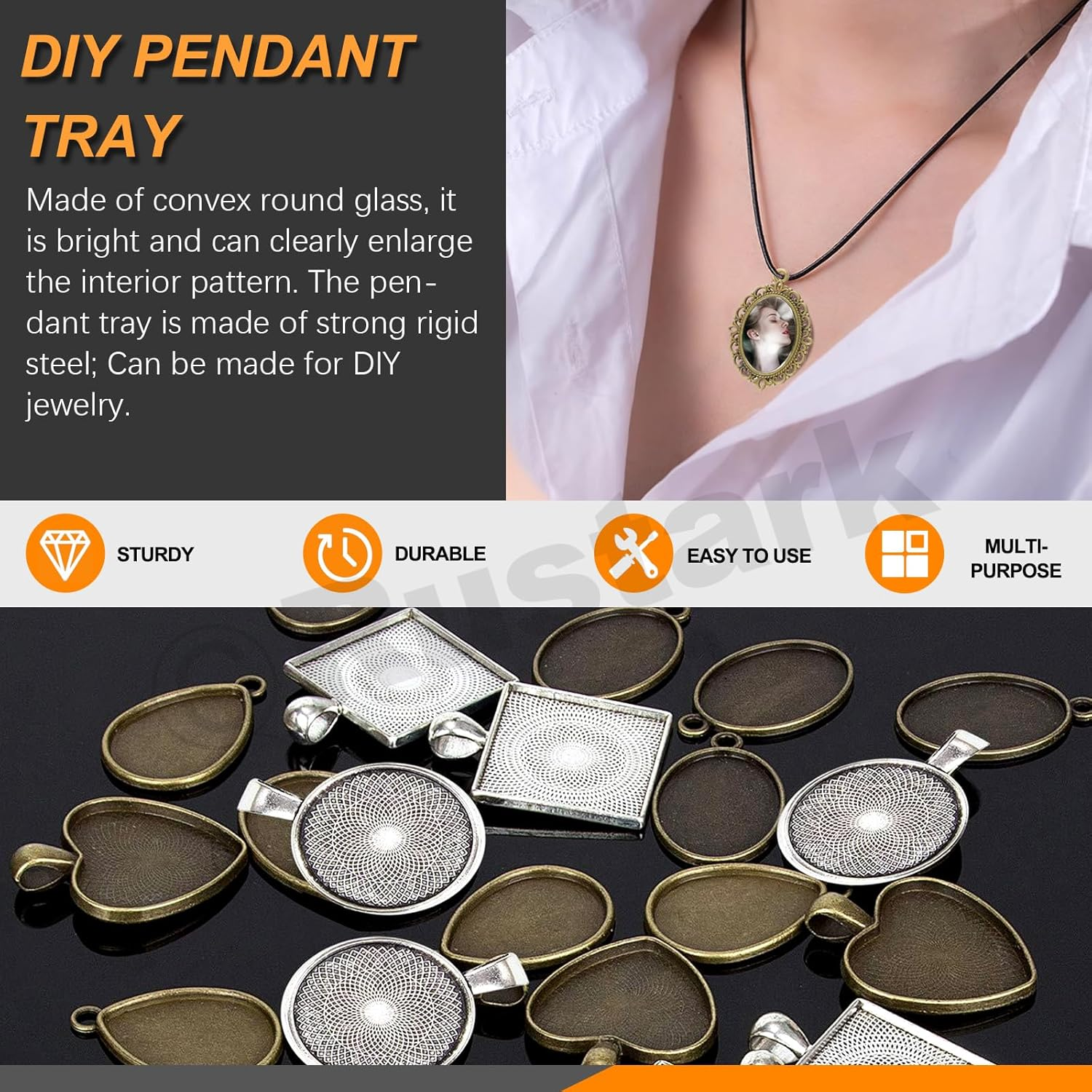 Rustark 100Pcs 5 Styles Pendant Trays Assortment Kit round Pendants Trays Set with Clear Glass Cabochon for Jewelry Making Crafting DIY Making image number 2
