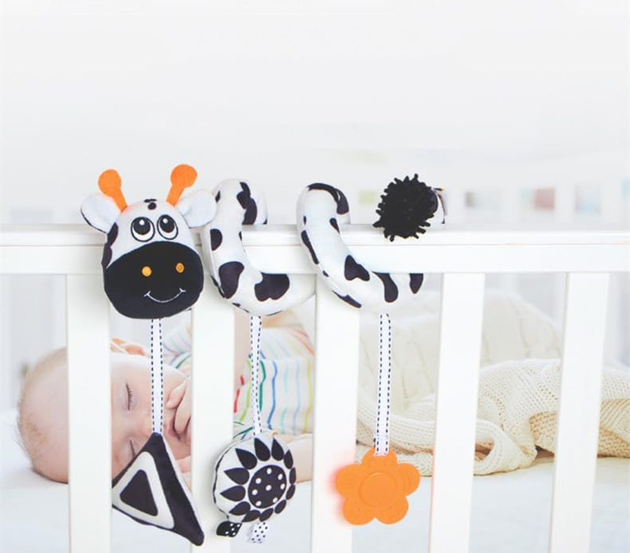 Baby Hanging Spiral Stroller Toy, Activity Travel Car Seat Toys, Stretch Plush Crib Bar Bassinet Hanging Mobile, Black and White High Contrast Baby Toys, Early Education Toy for Newborn Boys Girls