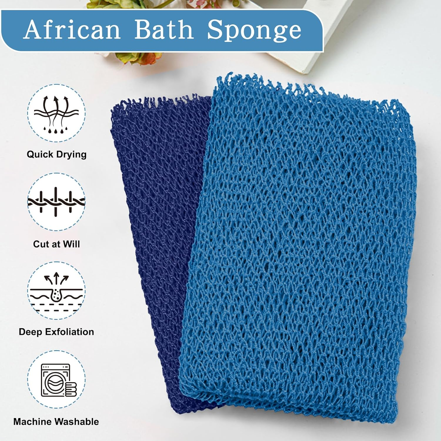 Selalu 2 Pieces Authentic African Net Sponge, Long Nylon Exfoliating Net Sponge Back Body Washcloth for Deep Clean and Smooth Skin, Stretches to 63 Inches (Blue) image number 3