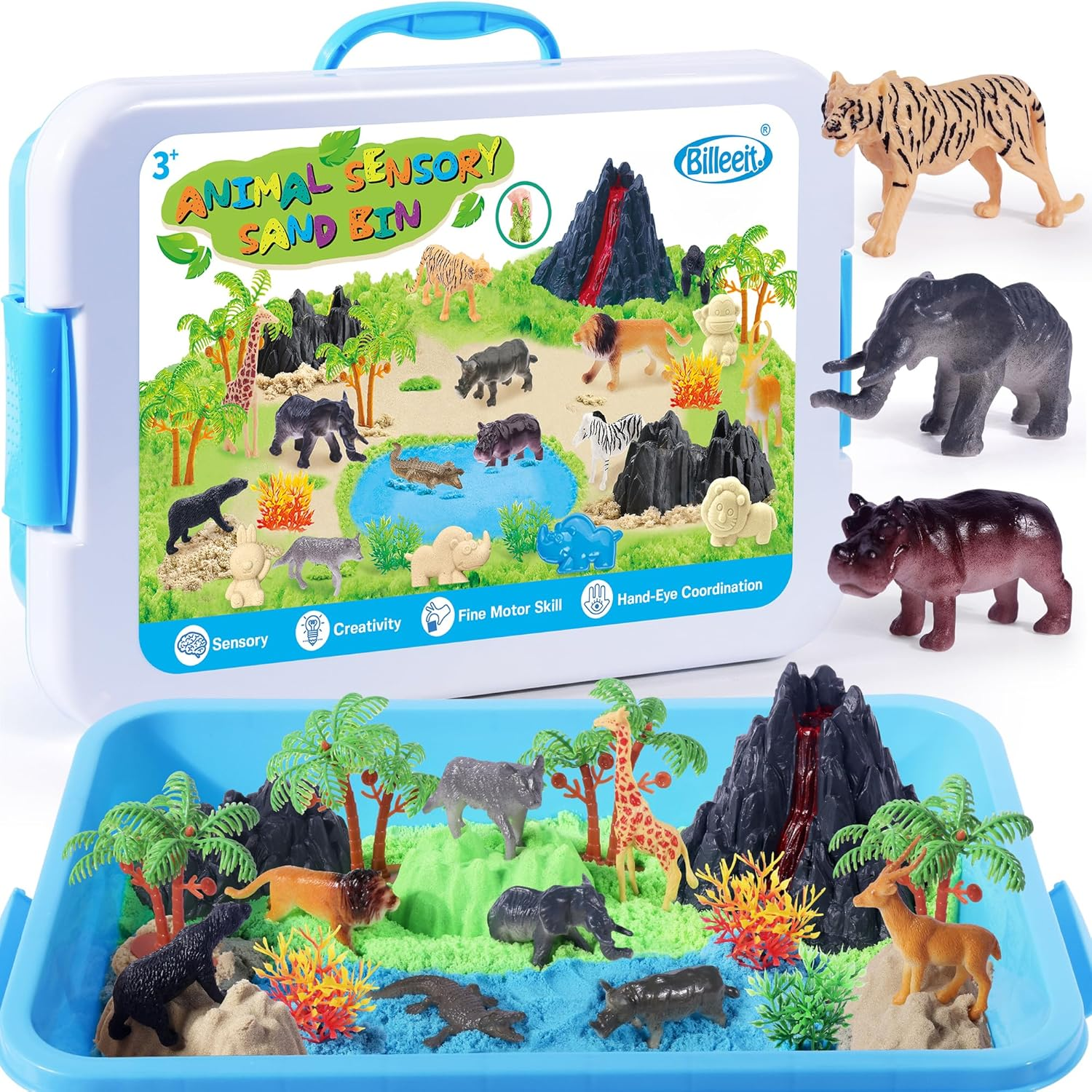 Billeeit Animal Sensory Bin Sand Toy, Play Sand Kit W/Lid and 2.2Lbs Magic Sand, Molds, Tools, Map Set 35Pcs Total for Kids 3+ image number 2