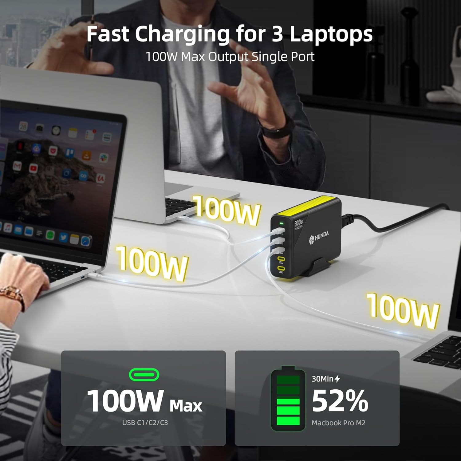 HUNDA 300W USB C Charger, 5 Ports Gan PD 3.0 Laptop Charging Station 100W Fast Charger Block for Macbook Pro/Air,Iphone 16 Pro Max/15, Ipad Pro, Galaxy S24 Ultra,Pixel 9 Pro,Hp,Dell,Tablets,Phones