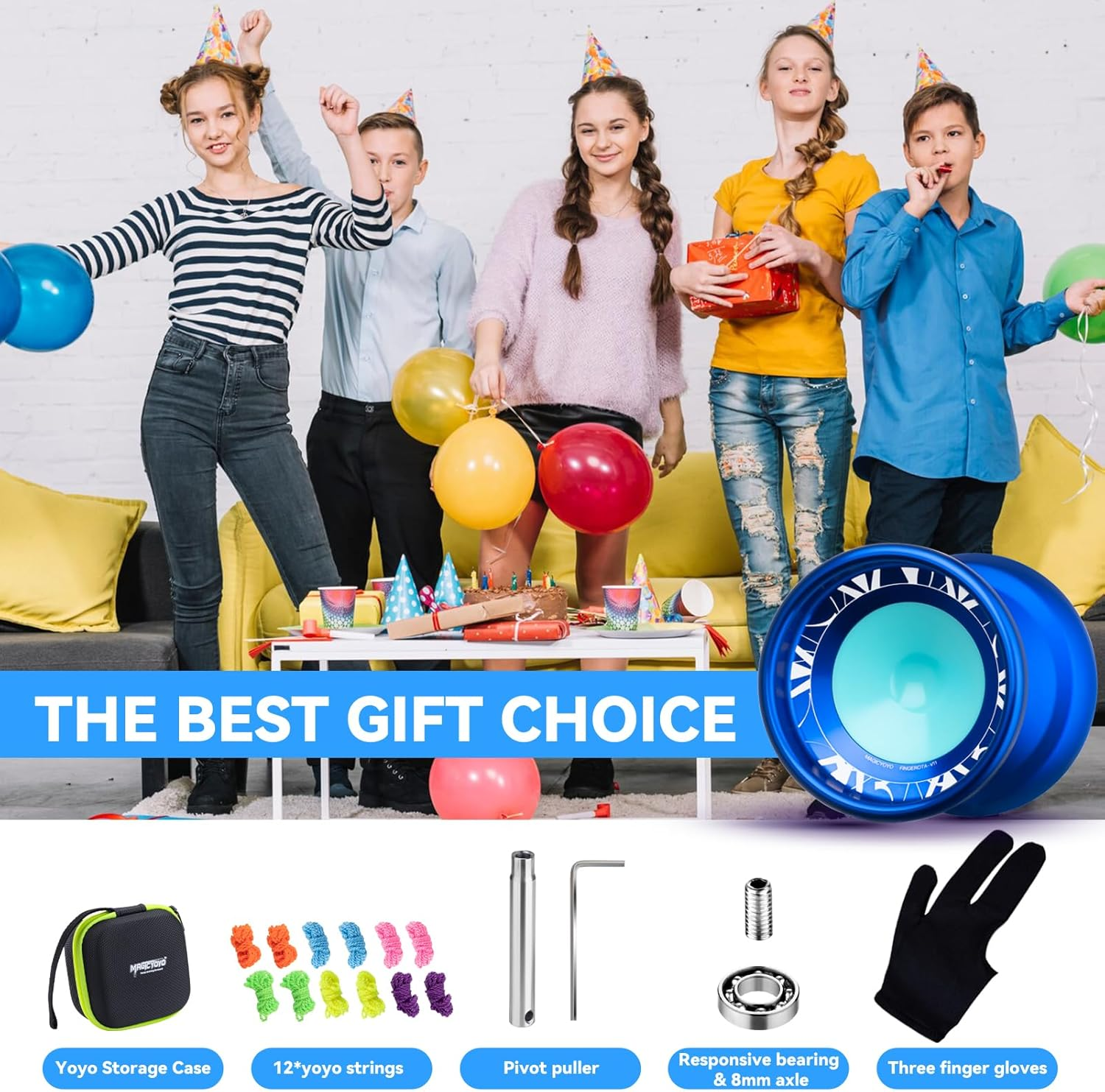 MAGICYOYO V11 Finger Spin Professional Unresponsive Yoyo for Intermediate Advanced & Extra Responsive Bearing for Beginners - Dual Purpose Trick + Glove + 12 Strings + Storage Case - Blue image number 5