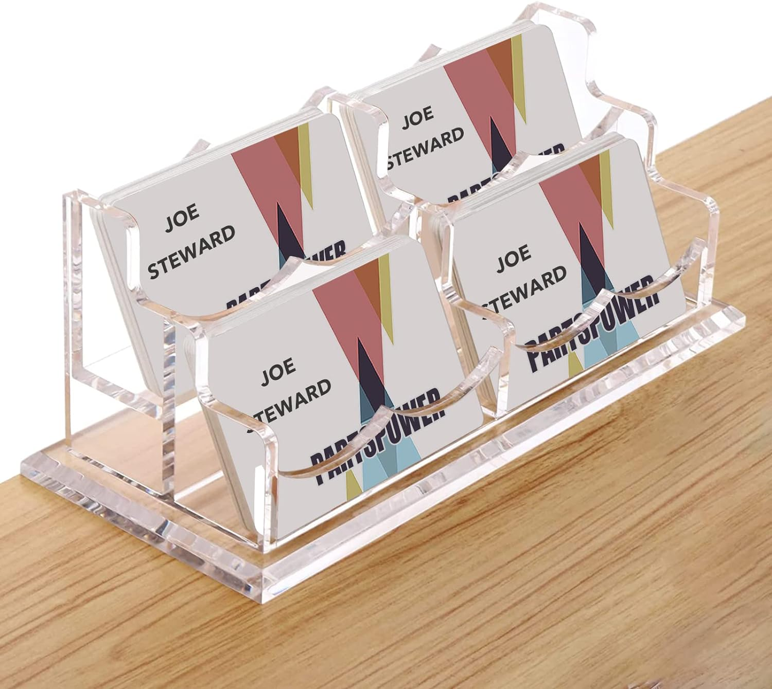 PARTSPOWER Acrylic Business Card Holder for Desk, Horizontal Clear Business Name Card Display Stand, Desk Accessory Business Name Card Organizer (Horizontal, 4-Slot)