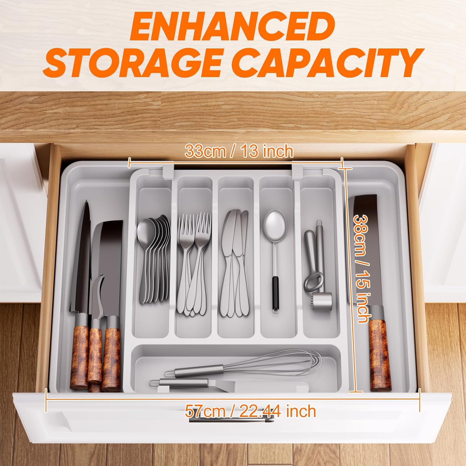 Cutlery Drawer Organiser Expandable Utensil Storage Box, Large Adjustable Silverware and Flatware Holder, Kitchen Organizer with Space Saving Design for Knives, Forks, Spoons, White image number 1