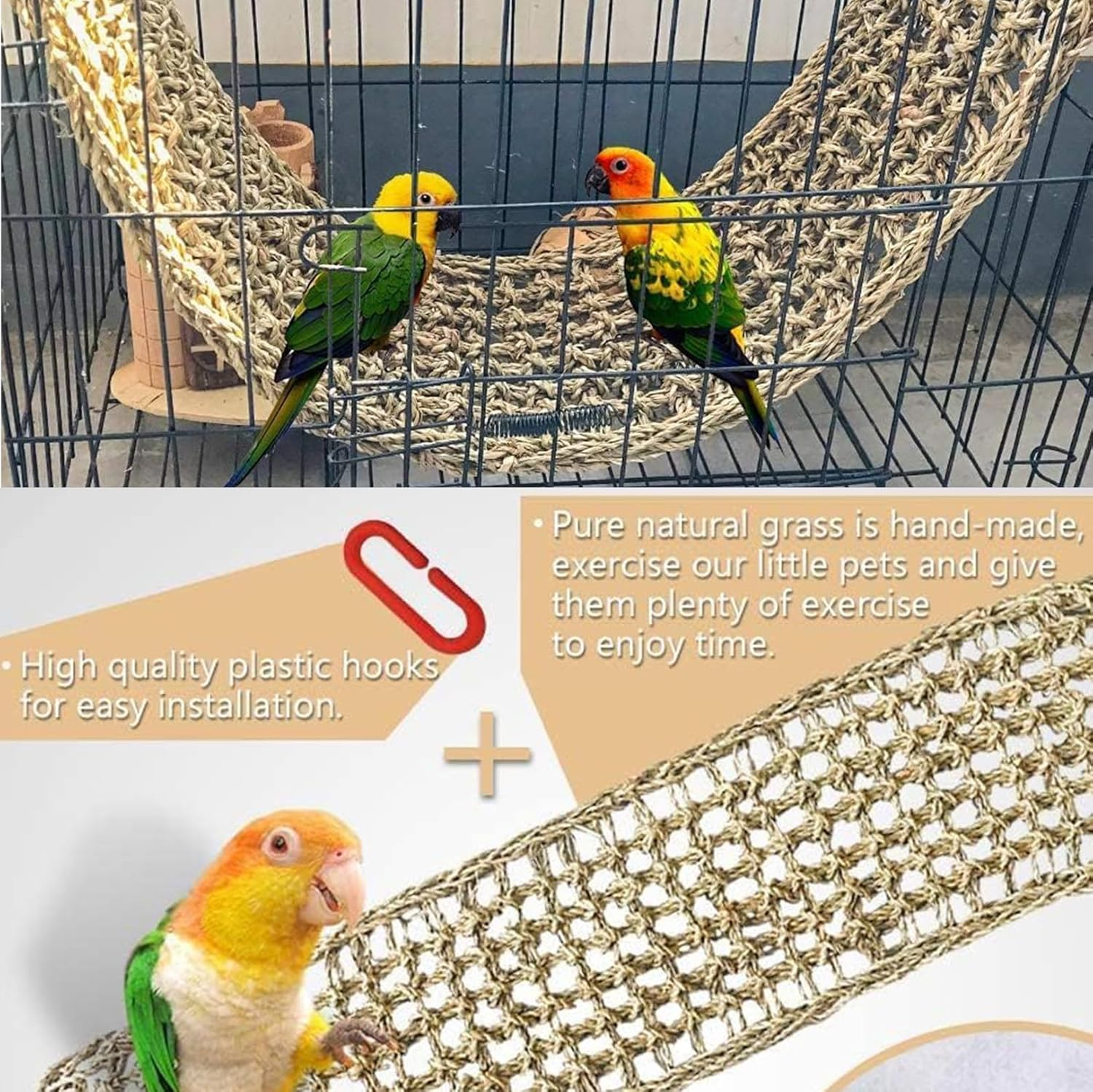 Natural Grass Woven Bird Net Hammock,Bird Seagrass Mat,Climbing Rope Ladder,Hammock Hanging on Parrot Cage,With 4 Hooks,Chew Toys for Lovebirds,Cockatiels,Pigeon,Budgies Etc (29.5 X 7In/75 * 18Cm) image number 1
