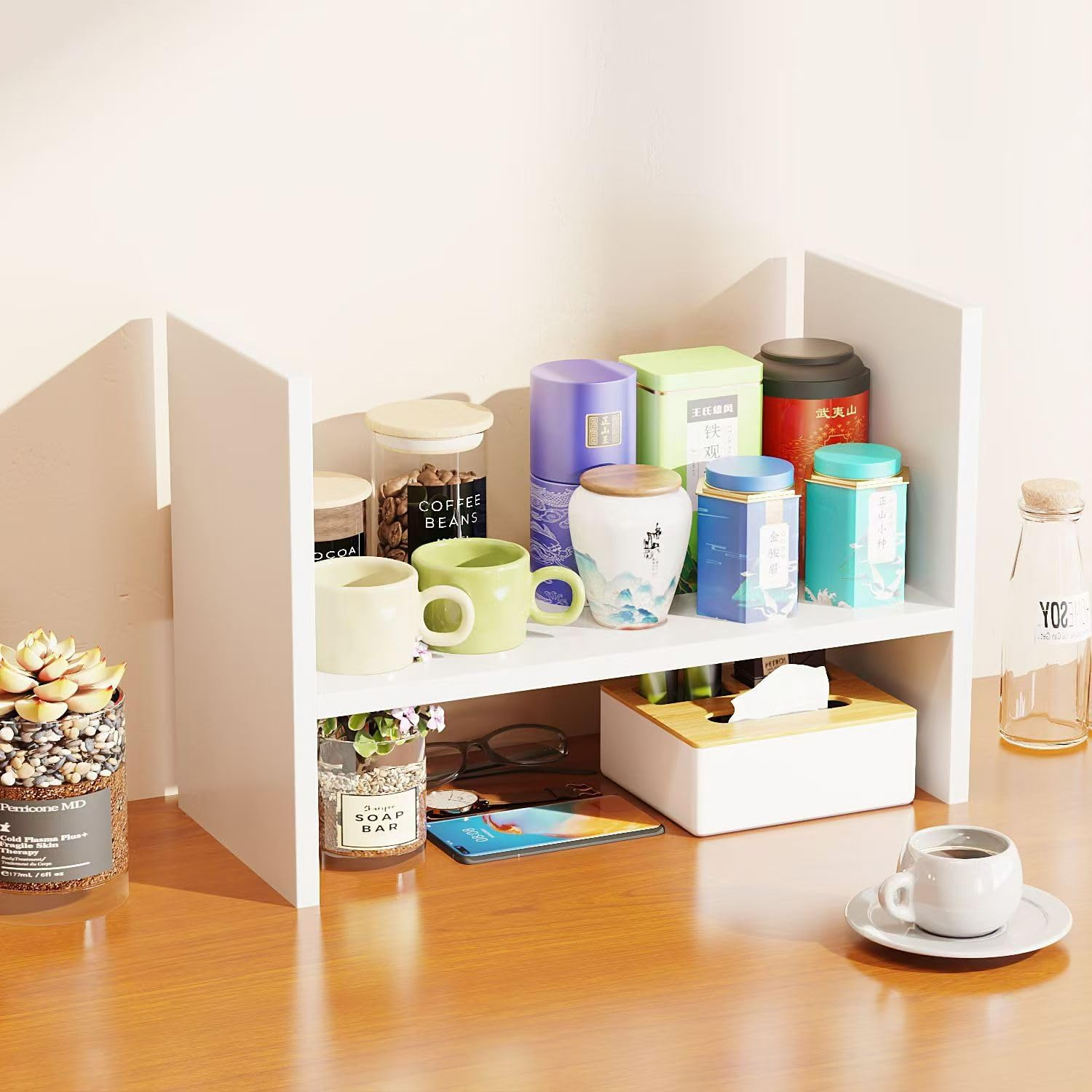 Hbluefat Desktop Organizer Shelf, Small Desk Bookshelf, Wooden Tabletop Mini Bookcase, Modern Mini Display Storage Rack for Home Office (White)