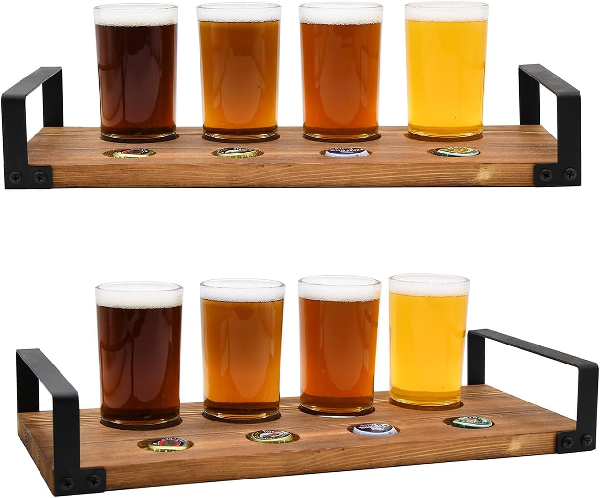 Owlgift Wood Craft Beer Flight W/Bottle Cap Storage Sampler Tray Holder Serving Set W/ 4 Glasses & Black Metal Handles &ndash; Dark Brown, Set of 2 image number 2