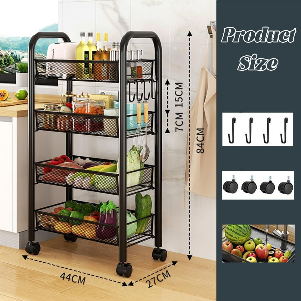 SHENMAIDAY 4-Tier Rolling Storage Rack Cart, Multi-Function Practical Storage Rack, Metal Mesh Rolling Cart, Kitchen Storage Cart with Wheels and 4 Side Hooks,Movable Trolley (Black) image number 3