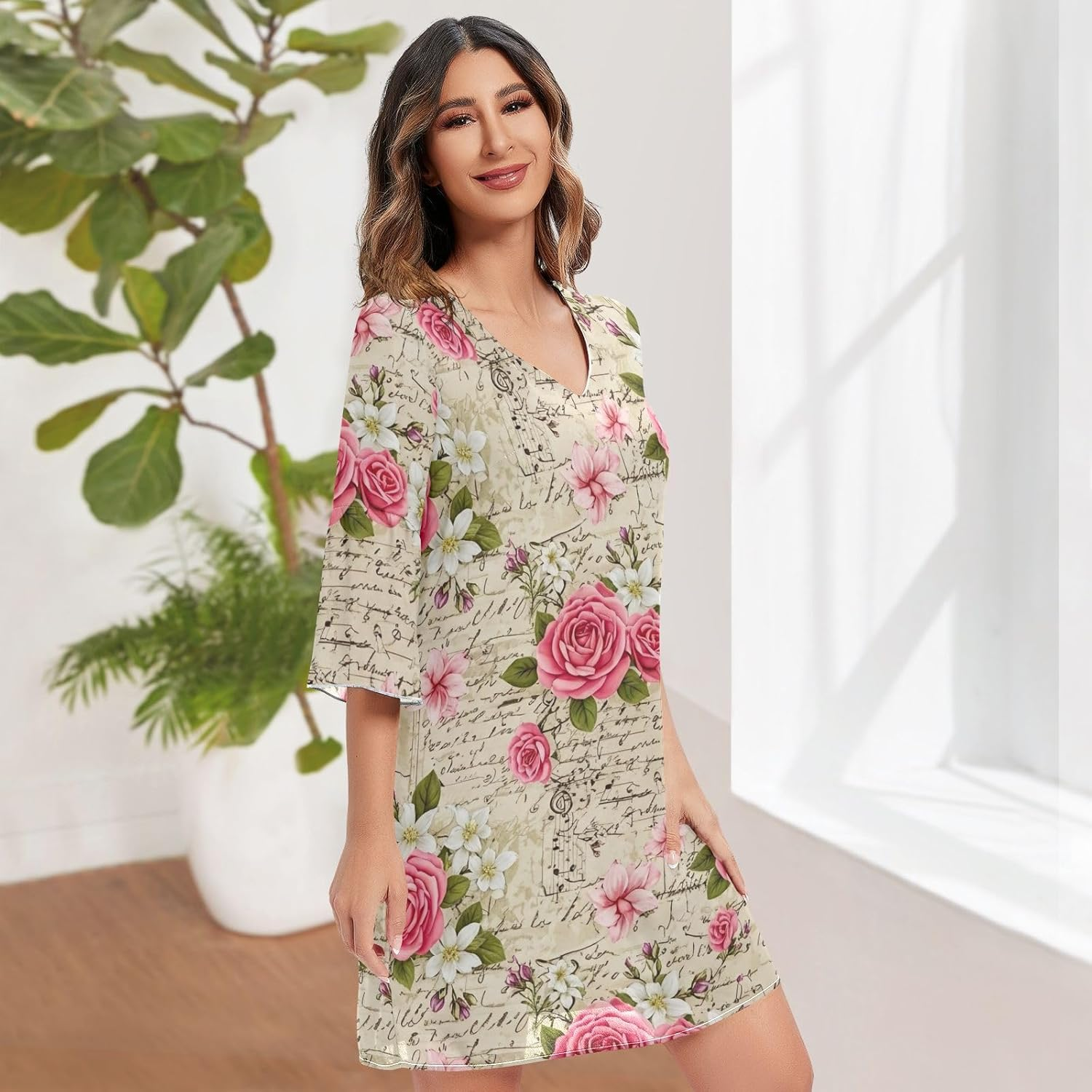 Vintage Pink Flowers Chiffon Dress 3/4 Sleeve Maternity Dress Party image number 1