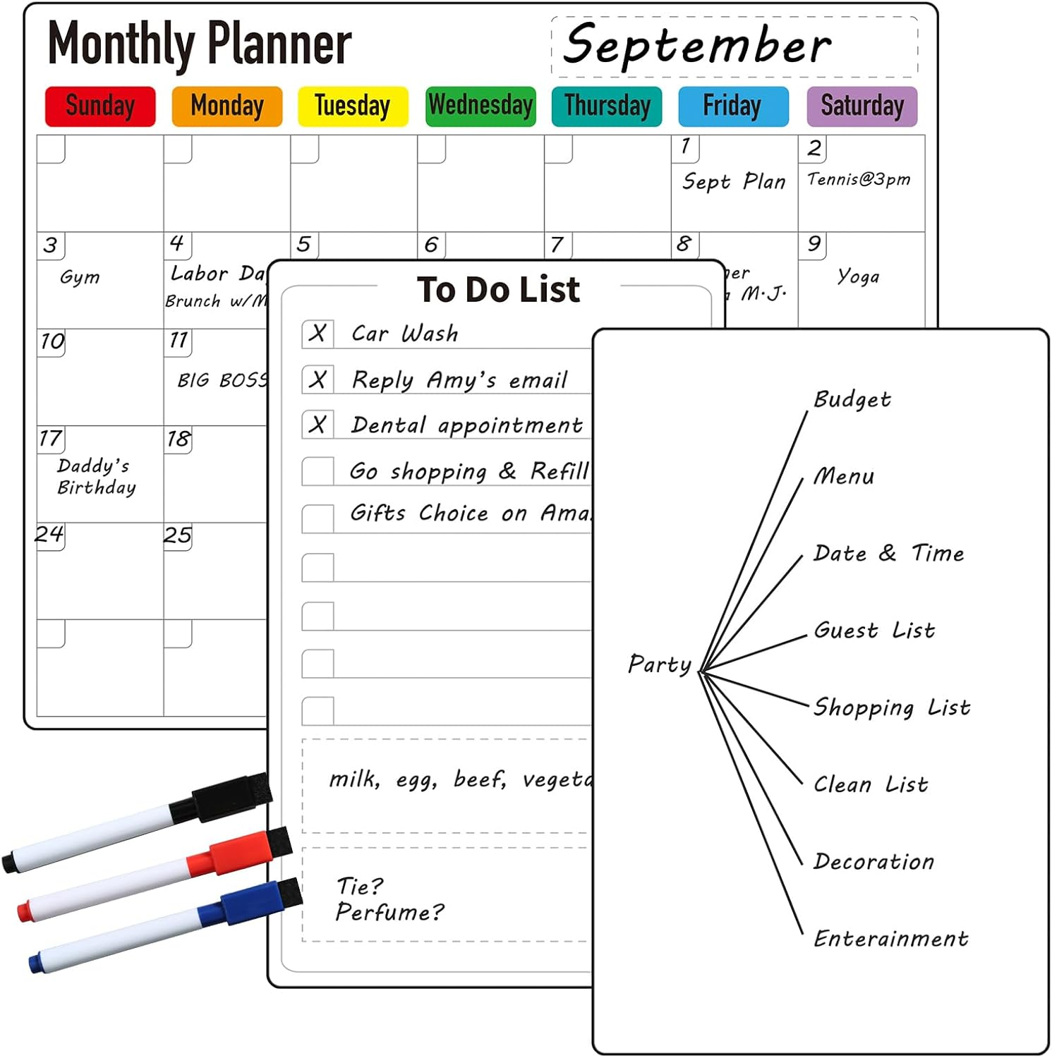 Zazzykid Magnetic Dry Erase Planner for Fridge: Pack of 3-14.6&rdquo; X 11.6&rdquo; Magnetic Monthly Calendar with Markers+ 7.3&rdquo; X 11.6&rdquo; to Do List Pad & Fridge Whiteboard image number 2