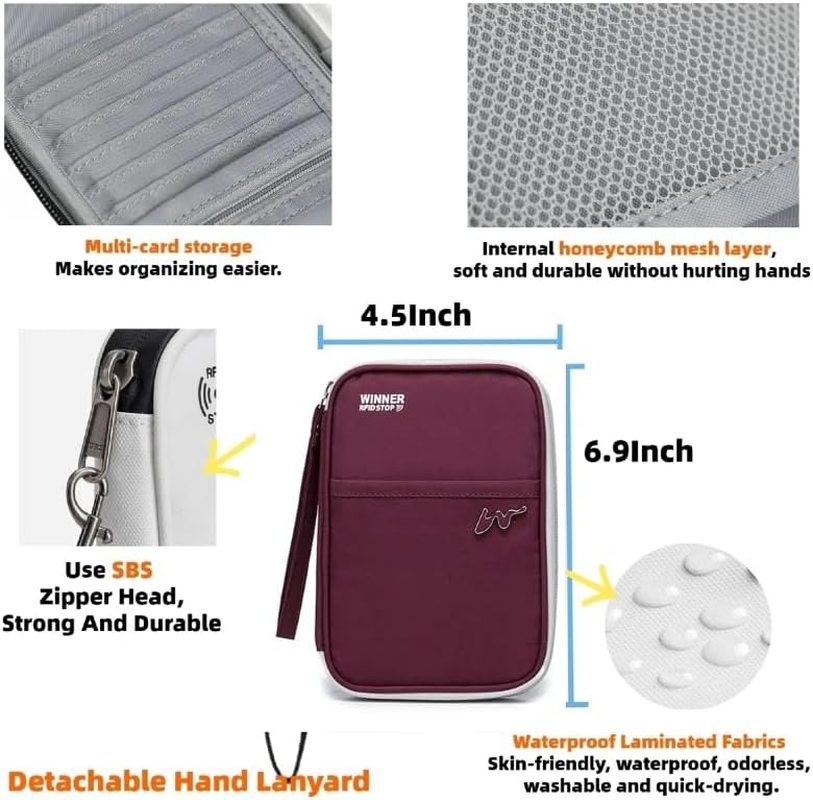 P-H1 Travel Family Passport Holder RFID Blocking Passport Waterproof Wallets for Men Women Travel Document Organizer, Lightweight Portable Passport Cover with Zipper Pocket (Wine Red) image number 1