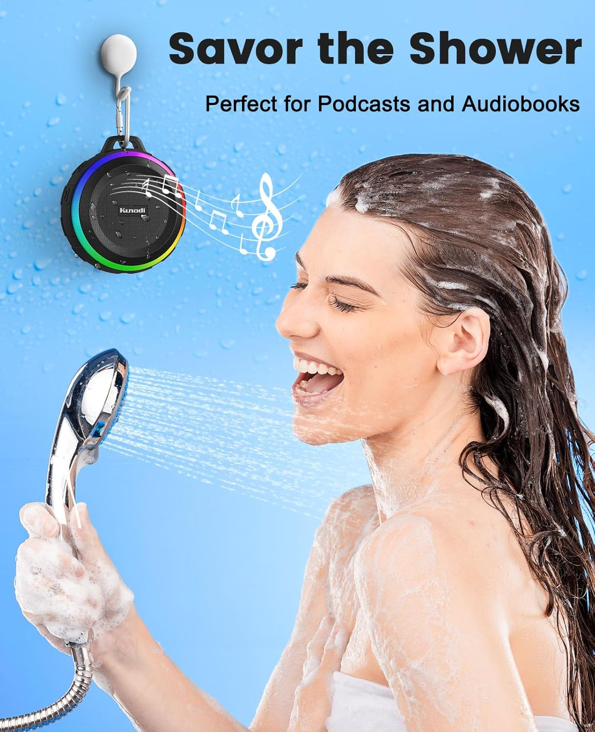 Kunodi Bluetooth Shower Speaker with IPX7 Waterproof, Dynamic Lights, Crisp Clear Sound, True Wireless Stereo, Clip Portable for Pool Beach Boat Kayak Float Golf image number 1
