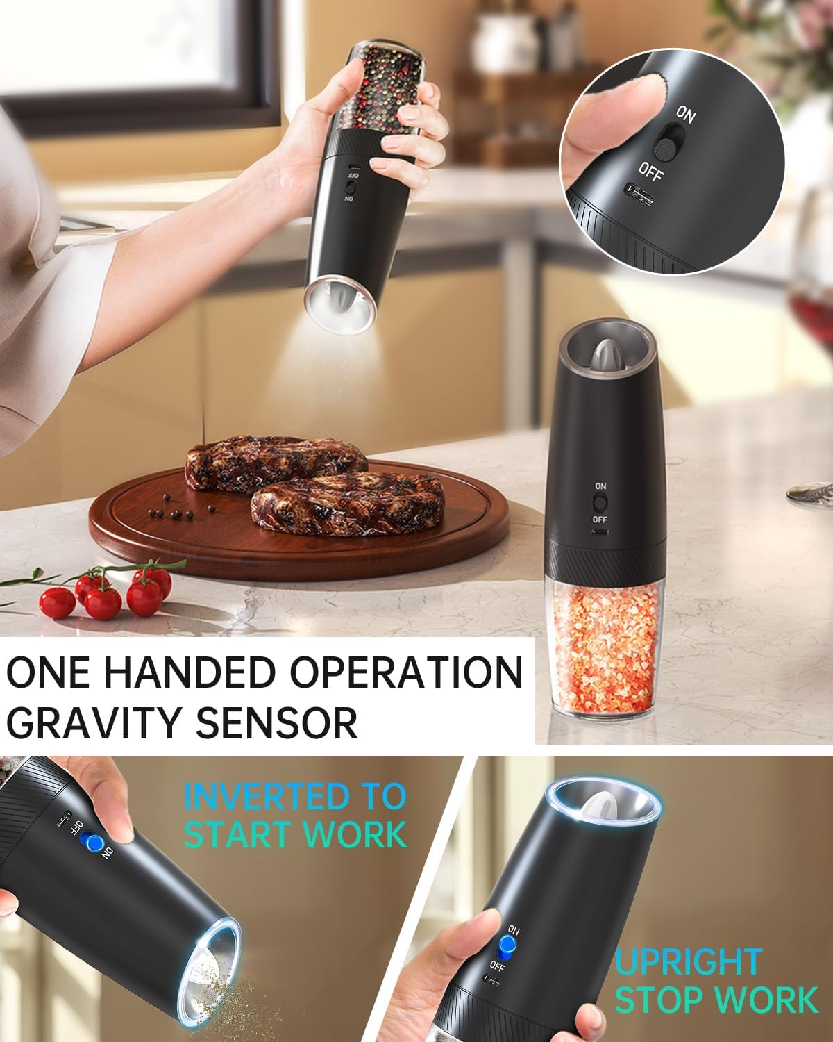 CIRCLE JOY Gravity Electric Salt and Pepper Grinder Set Rechargeable Salt and Pepper Shakers Automatic Mill Grinder with White LED Light, Adjustable Coarseness, Washable 135Ml Container, Black