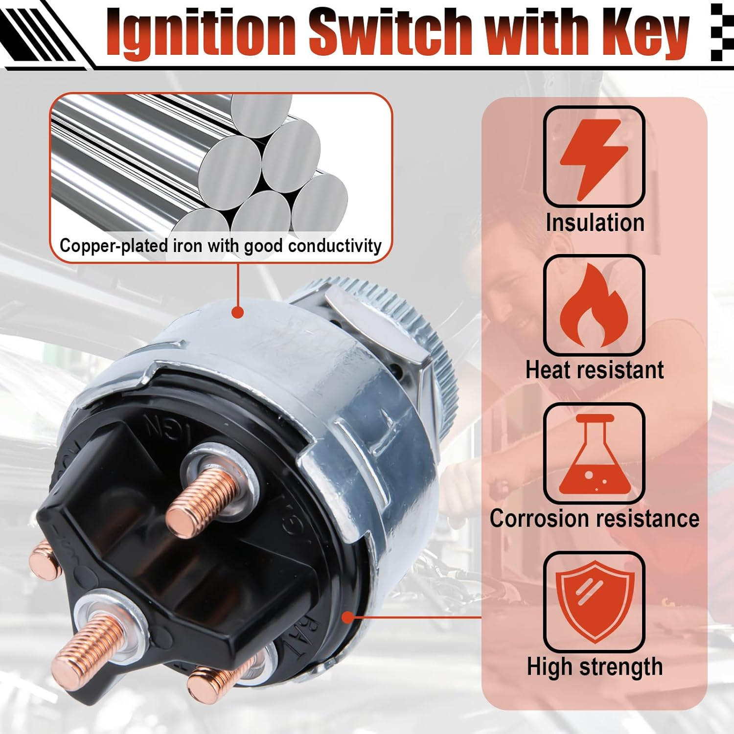 Ignition Switch with Key, Universal Ignition Key Switch, 12V 4 Position Starter Key Ignition Switch, Fits Most Car, Truck, Tractor, Trailer, Forklift, and More, Acc/Off/Ign/Start 4 Terminal image number 1