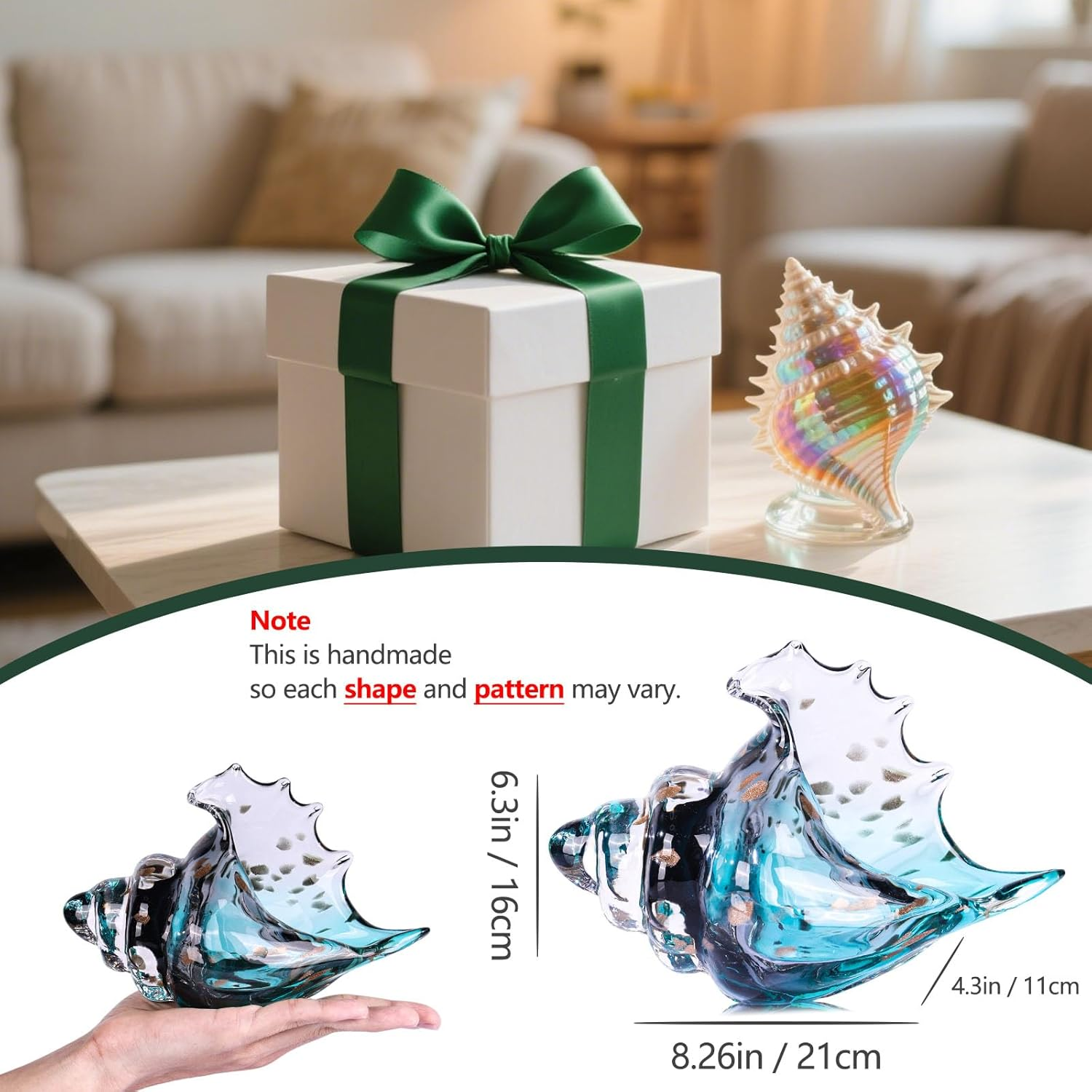 XMGZQ Hand Blown Glass Conch Statue,Sea Glass Art Figurine, Coastal Home Decor with Sea Shells, Living Room TV Stand above Cabinet,Bookcase,Beach Decoration,Entryway Conch Horn Figurines - Gray,Yellow image number 6