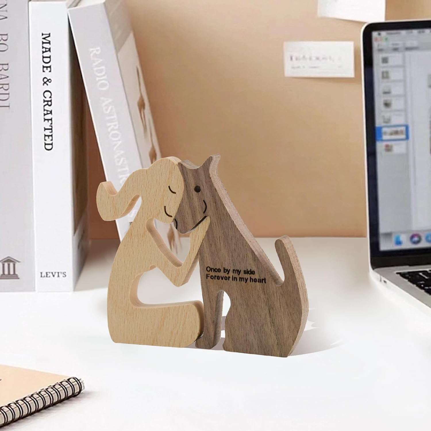 Enkrio Wooden Dog Figurines Dog Statue Wooden Sculptures Handmade Accents Crafts Wooden Carving Dog for Home Decor (Woman Kiss Dog) image number 2