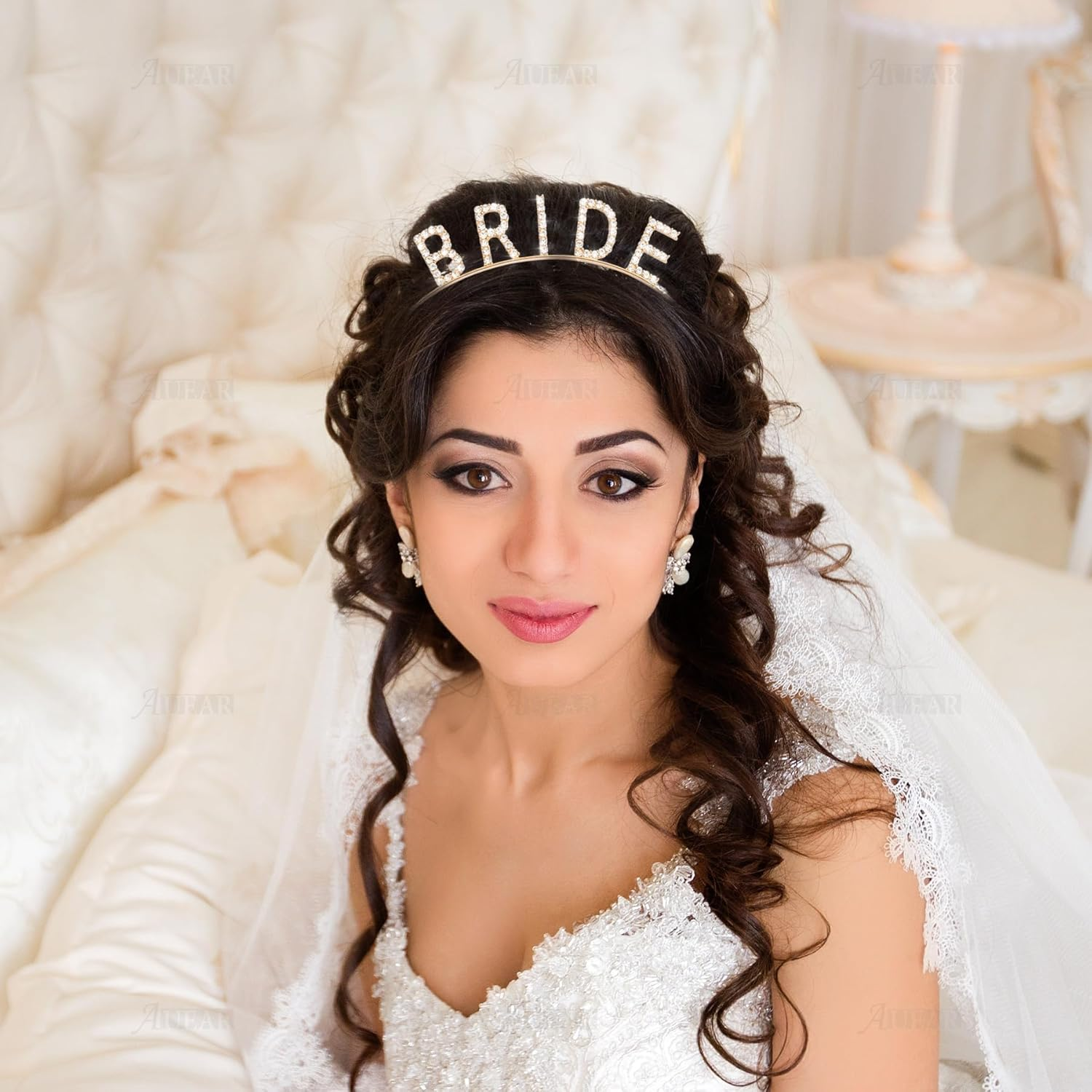 Rhinestone Bride Headband Elegant Crown Bachelorette Party Headbands (Golden Color) image number 3