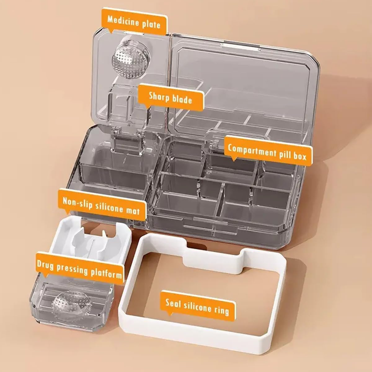 Travel Medicine Pill Organizer with Cutter Crusher, Large Capacity 5 Compartment Pill Crusher Pill Box,Hold Vitamins Medication Supplements image number 4