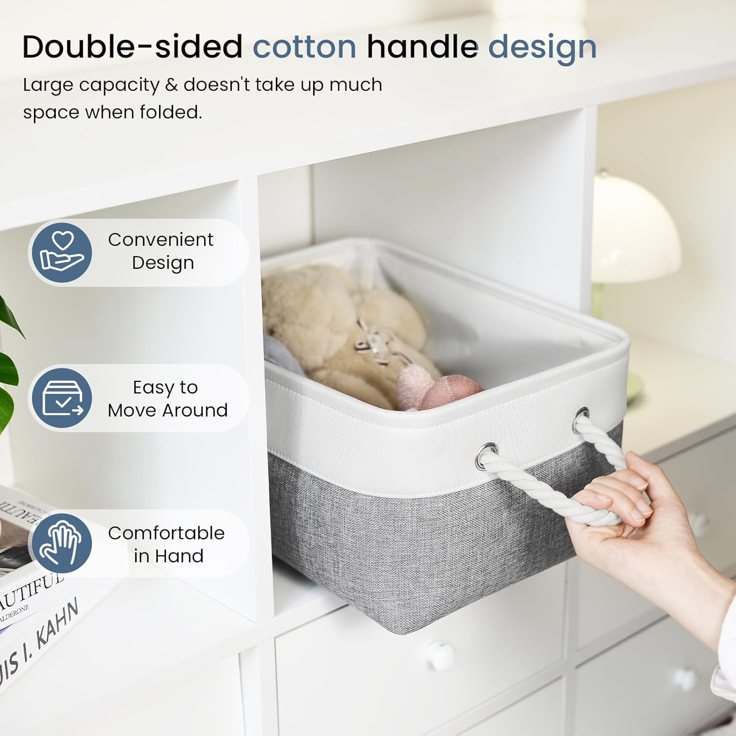 Patvingot Storage Baskets Canvas Storage Boxes with Handles, Fabric Storage Bins for Organizing Home and Clothes, Office (White/ Grey, Small-3 Pack)