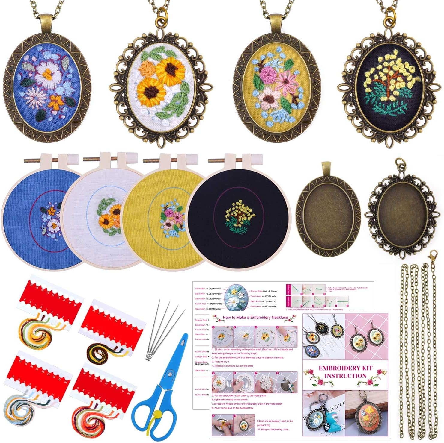 Embroidery Pendant Kit for Beginners, Shynek Embroidery Starter Kit with Pattern and Instructions Cross Stitch Kit Including Pendant Trays Embroidery Clothes with Floral Pattern, Embroidery Hoops image number 6