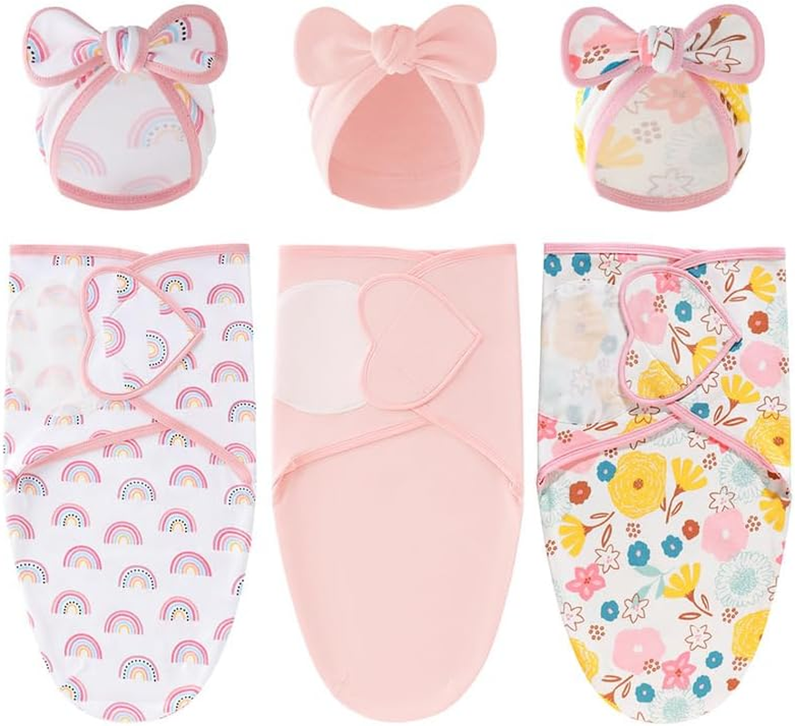 Baby Swaddle 3-Pack - 100% Cotton Ultra-Soft & Safe, Anti-Startle Sleep Sacks for 0-3 Months,Bulletin Boards, Temperature Control Stickers for Sleeping Bags (Pink)