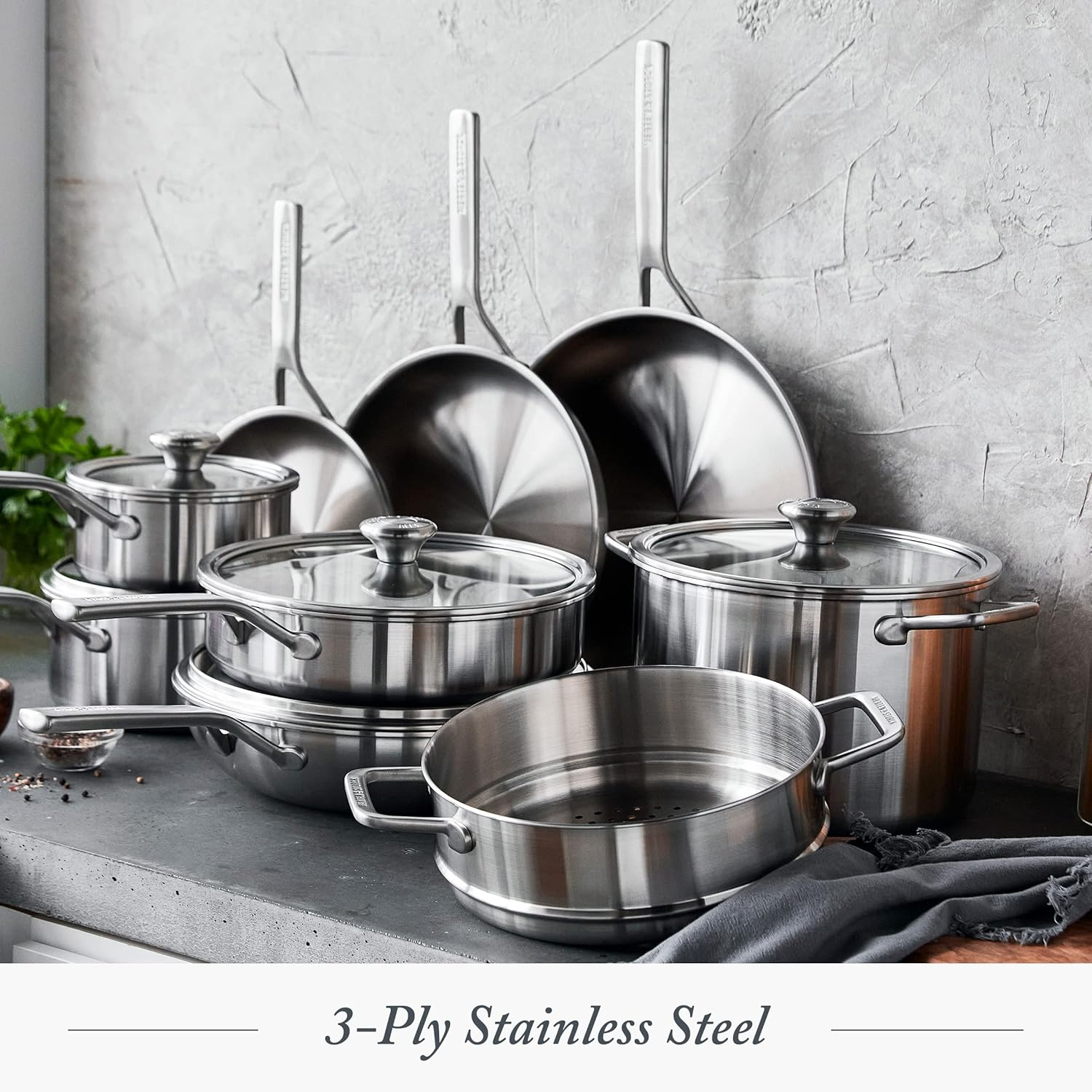 Merten & Storck Tri-Ply Stainless Steel Induction 14 Piece Cookware Pots and Pans Set, Multi Clad, Oven Safe, Silver