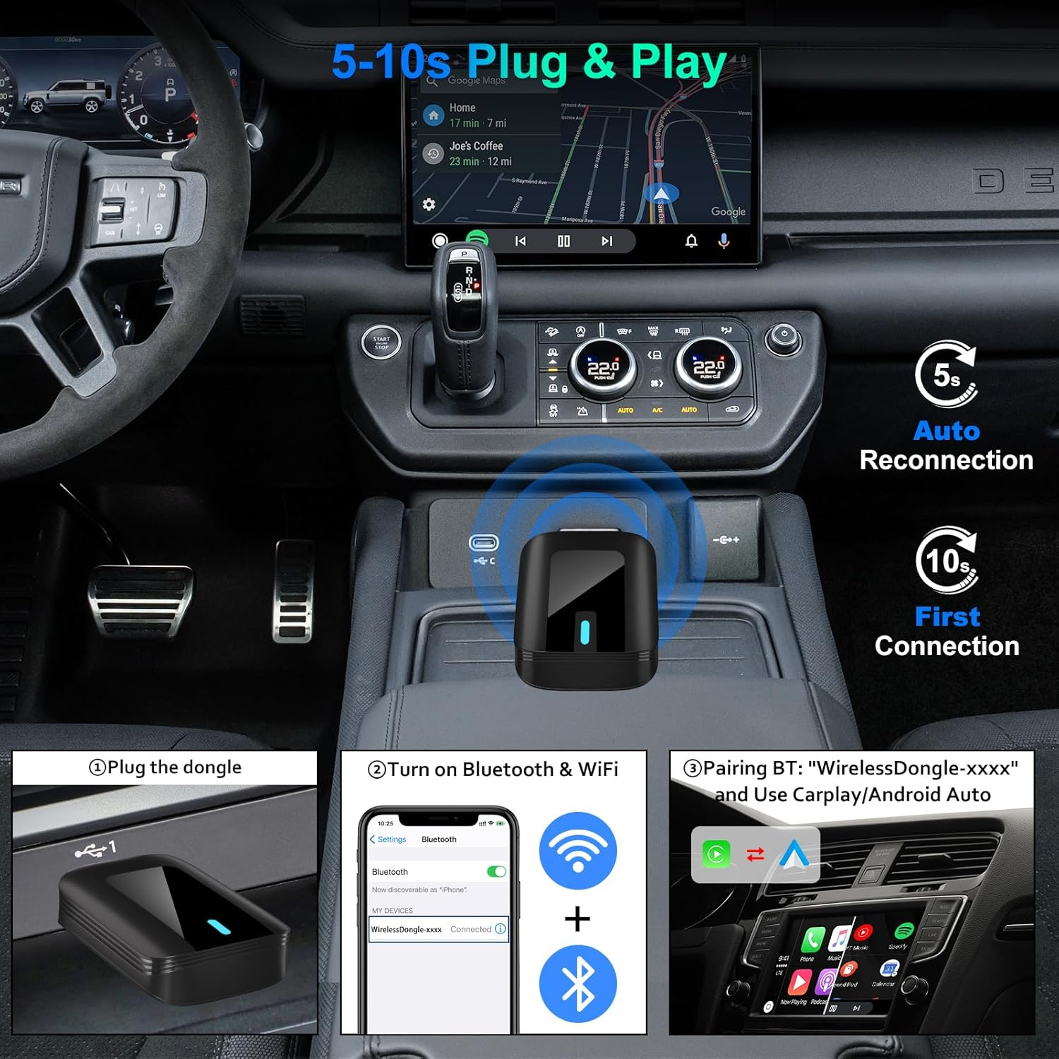 2 in 1 Wireless Carplay Adapter Plug & Play Magic Link Carplay Stable Fast Connect, Convert OEM Wired to Wireless Carplay Dongle/Android Auto Adapter for Cars 2016+, Iphone Ios 10+/Android 11+